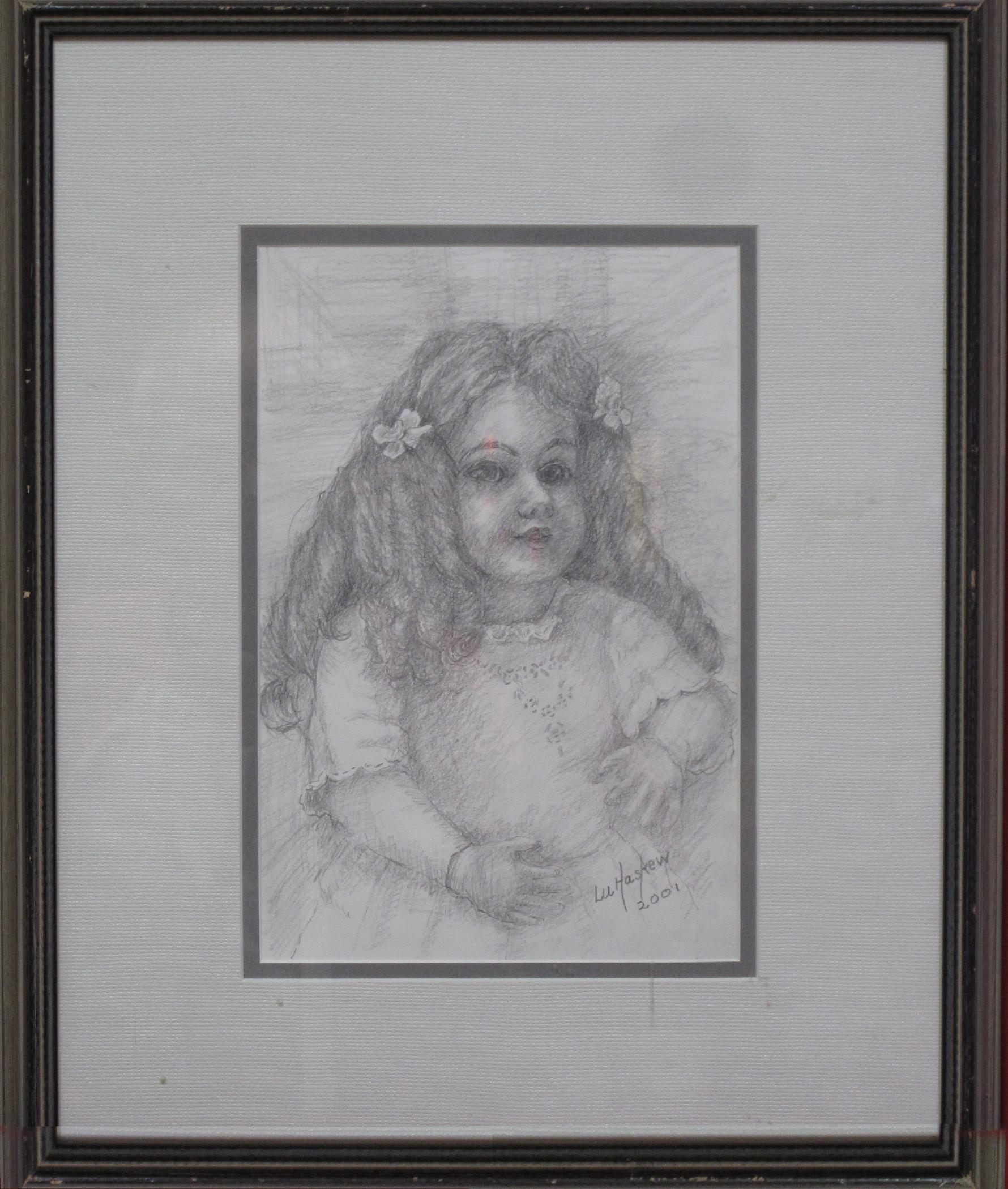 Muñeca vieja, 10x6,5", dibujo a lápiz, enmarcado