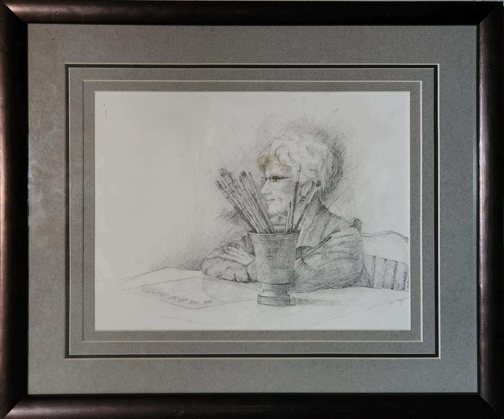 Selbstporträt mit Bürsten, 9x11", Bleistiftzeichnung, gerahmt