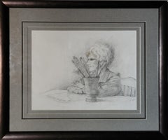 Selbstporträt mit Bürsten, 9x11", Bleistiftzeichnung, gerahmt