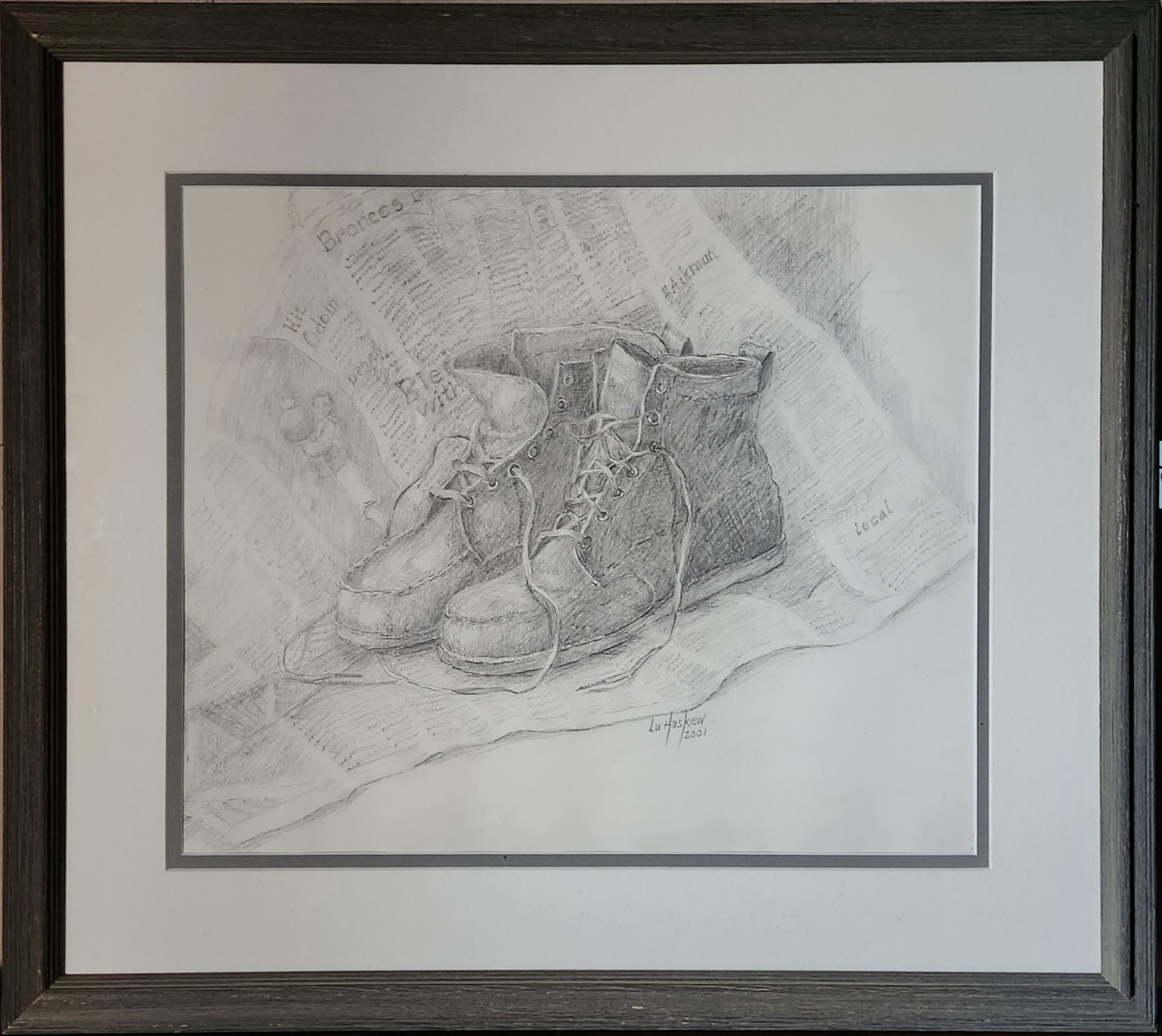 Still-Life de Lu Haskew - Zapatos de muñeca, 9x11", dibujo a lápiz, enmarcado