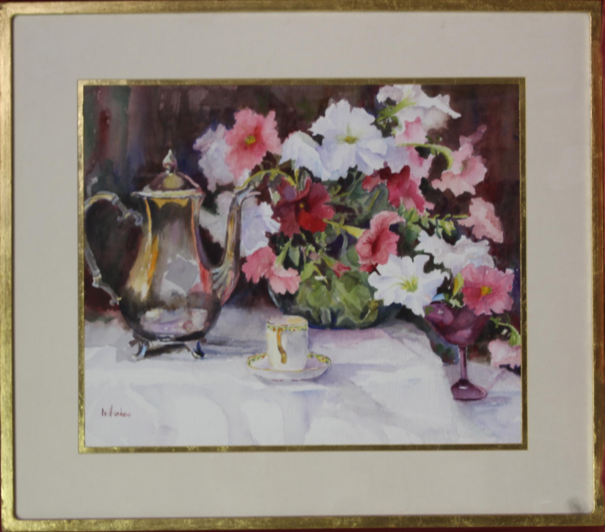 Tetera Silver y Petunias 16x20", bodegón floral en acuarela, enmarcado