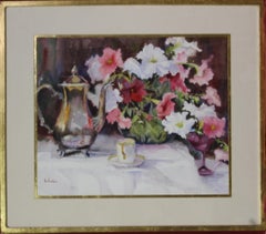 Tetera Silver y Petunias 16x20", bodegón floral en acuarela, enmarcado