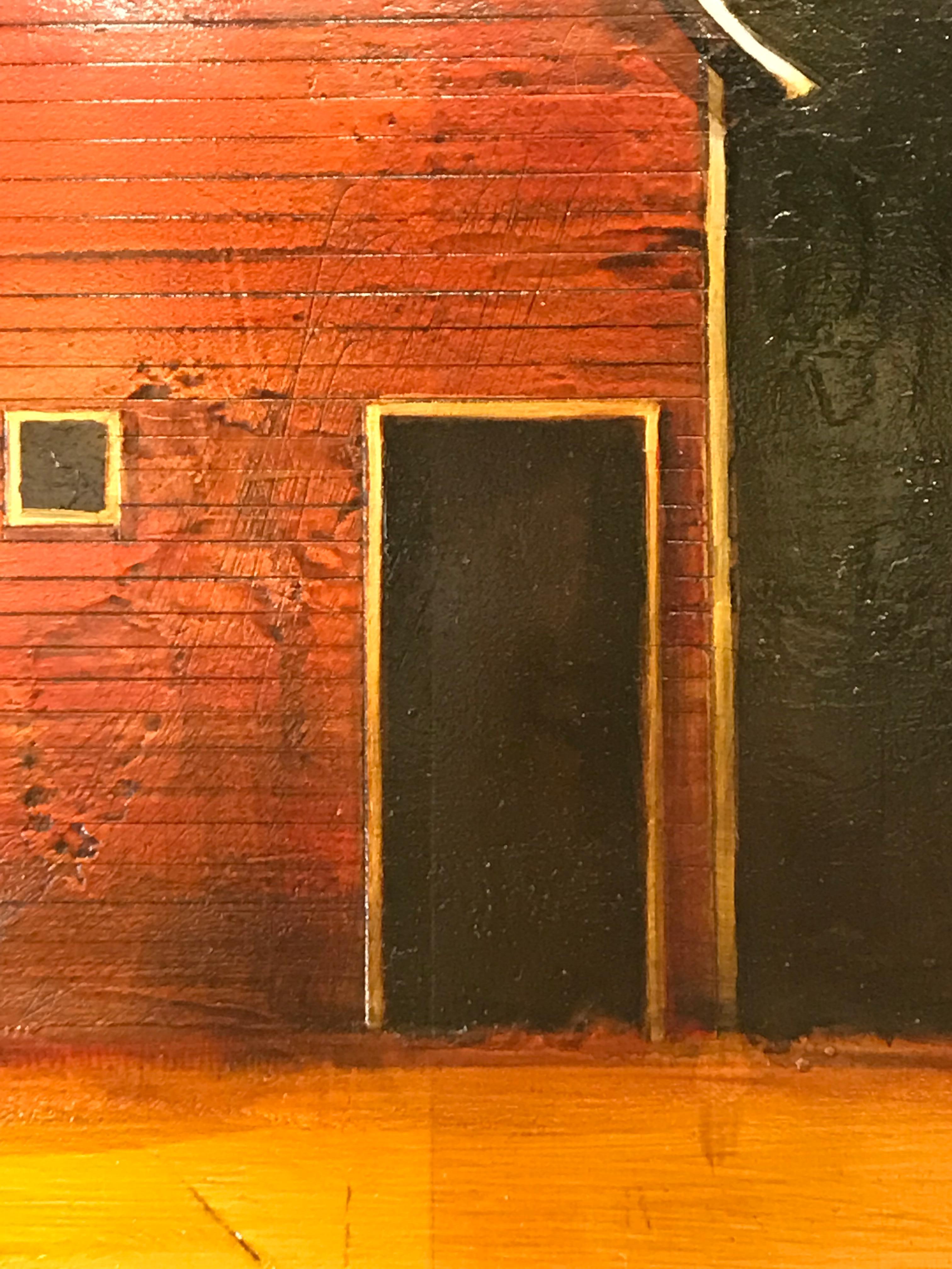 A rich painting of a red barn at dusk. Contemporary yet traditional, this painting works in a myriad of interiors. 

Oil with Gold Leaf on Board with a hand-crafted gold leafed float frame mount. 

