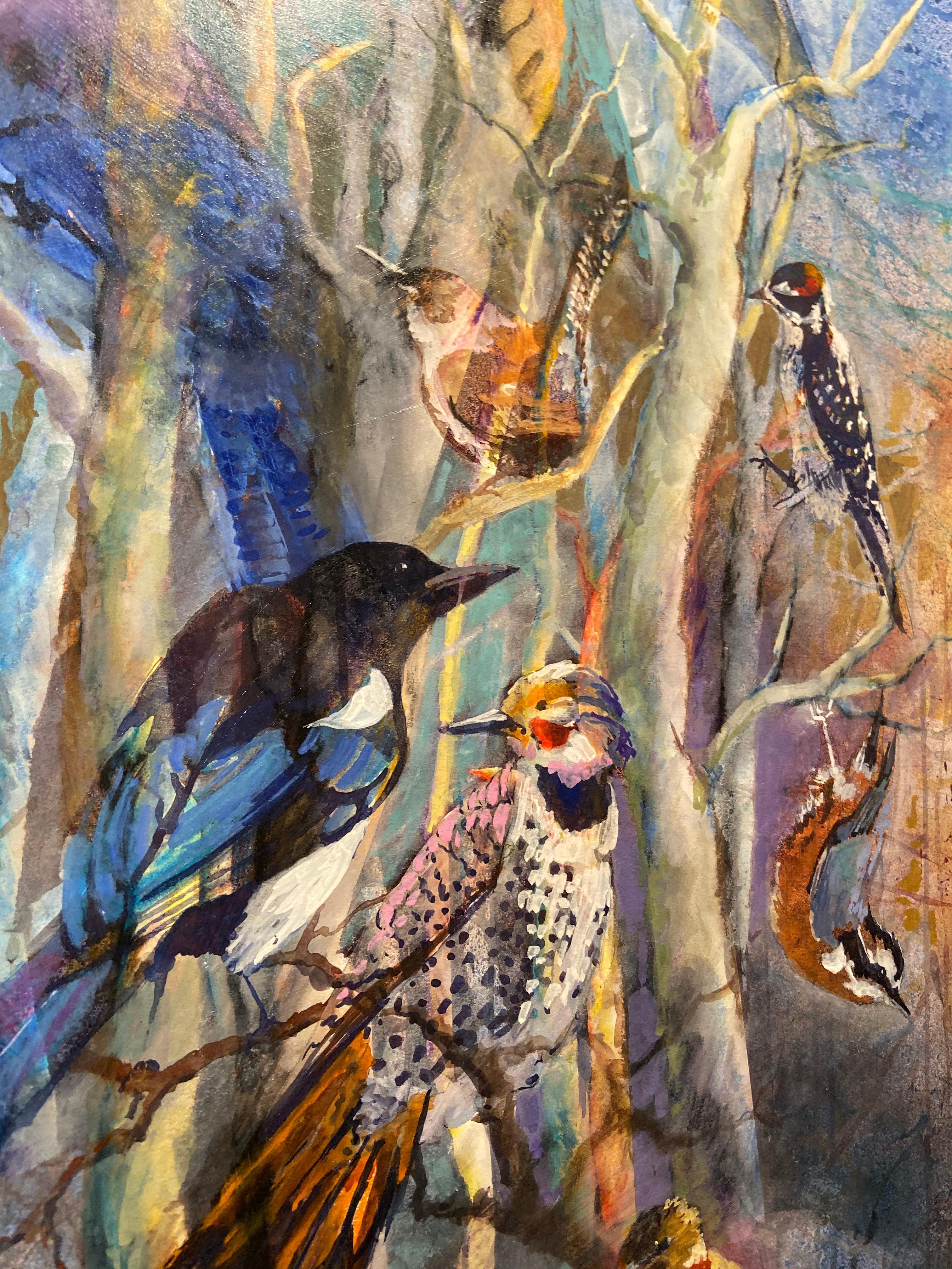 Avian Forest by Cathy Goodale
Watercolor painting of numerous birds, Blue Jay, Woodpeckers, Swallow, Sparrow
30x20