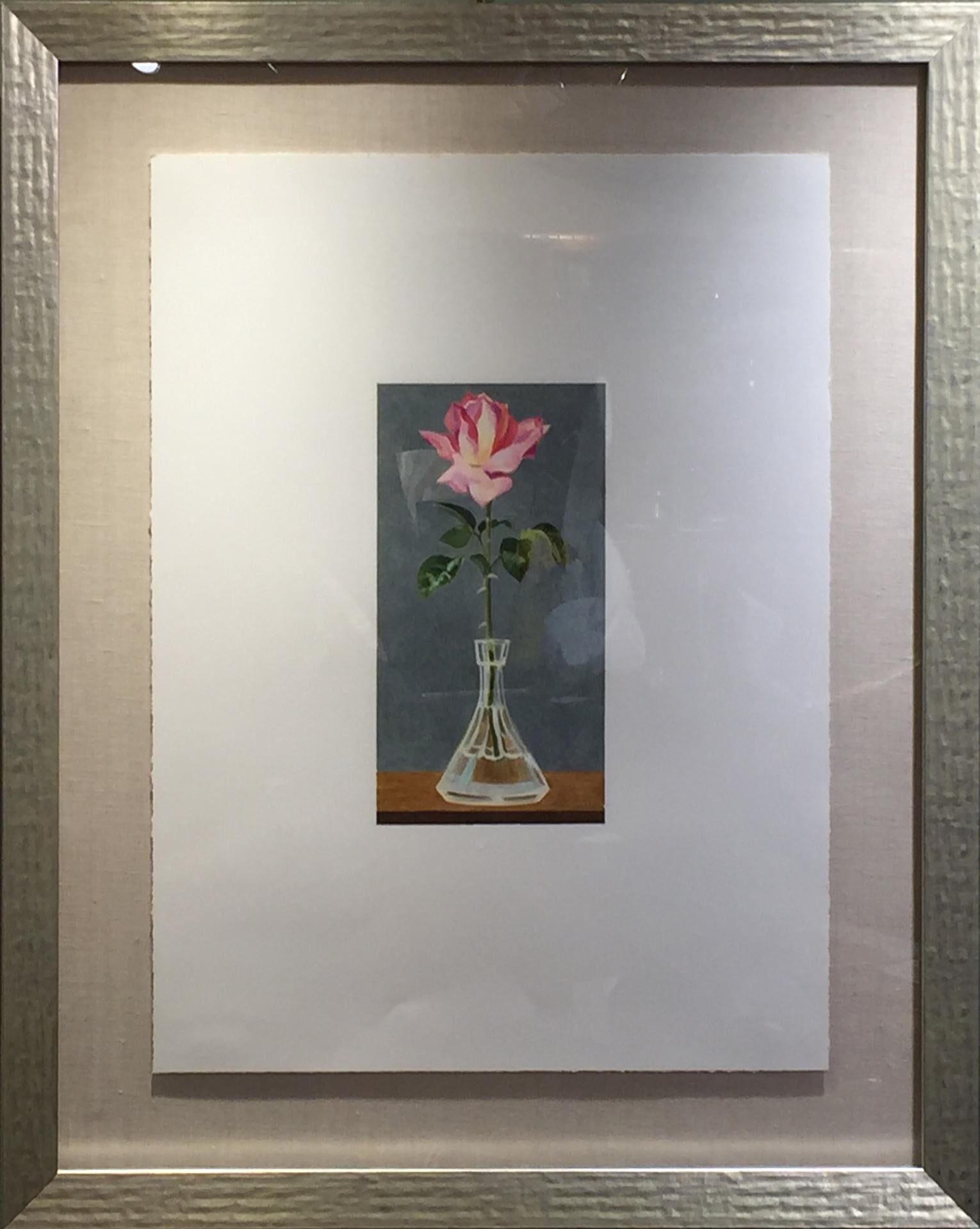 Rosa rosa, pastel al óleo enmarcado, 32x26".
