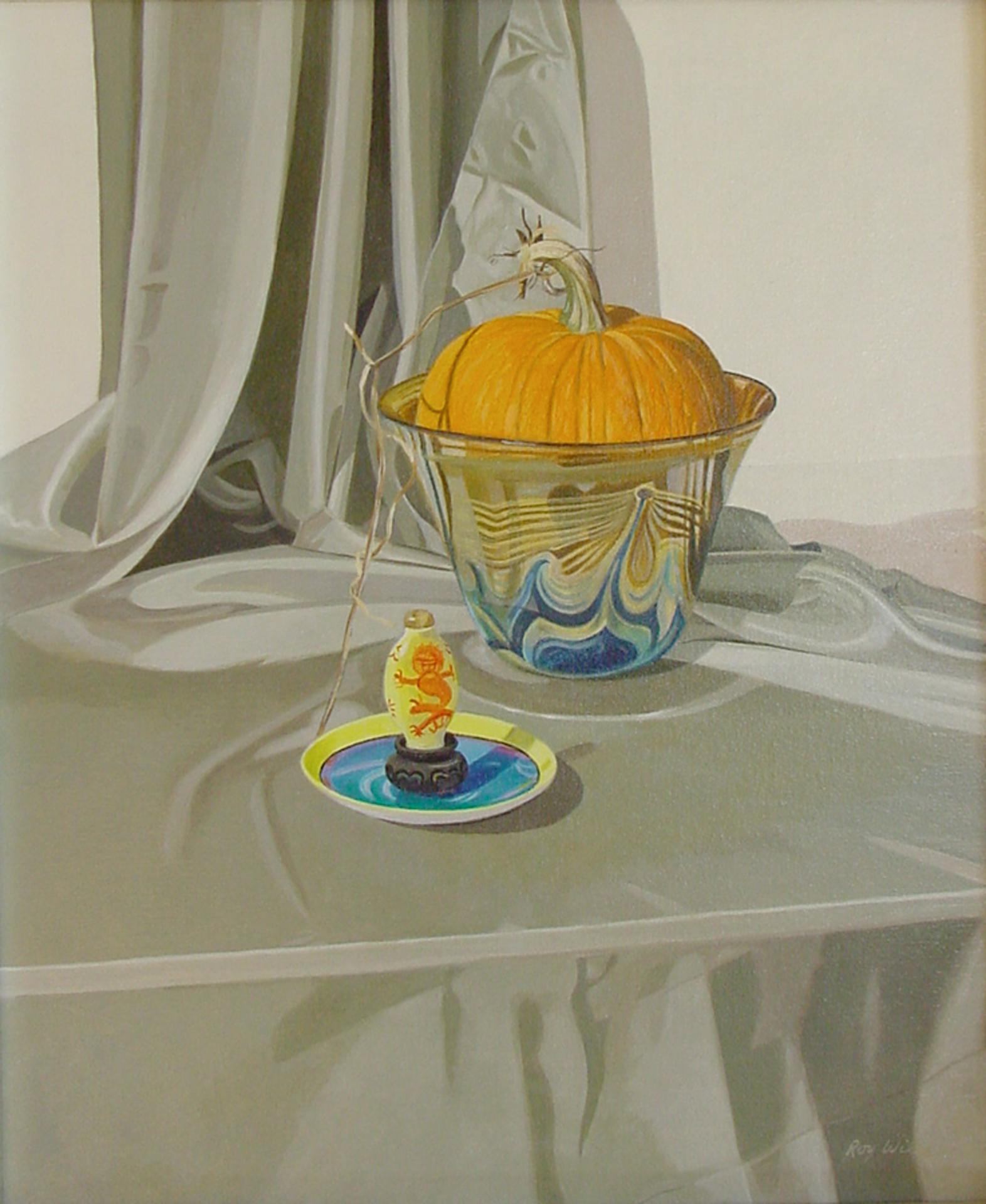 Pumpkin with Art Glass, framed oil painting 26x22