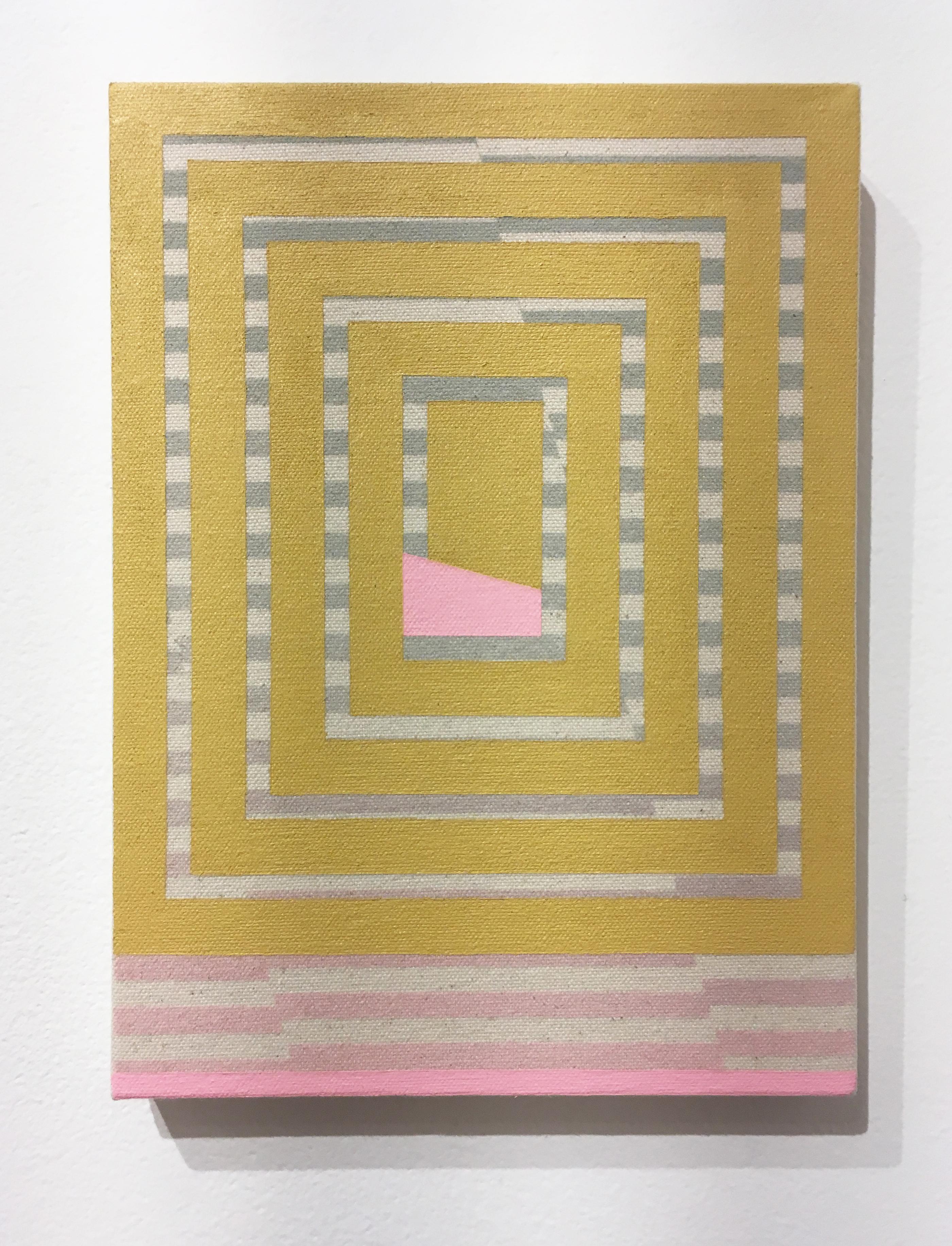 Breathing, Acryl, Sprühfarbe auf Leinwand, abstraktes geometrisches, gelb-grau-rosa – Mixed Media Art von Alex McClurg