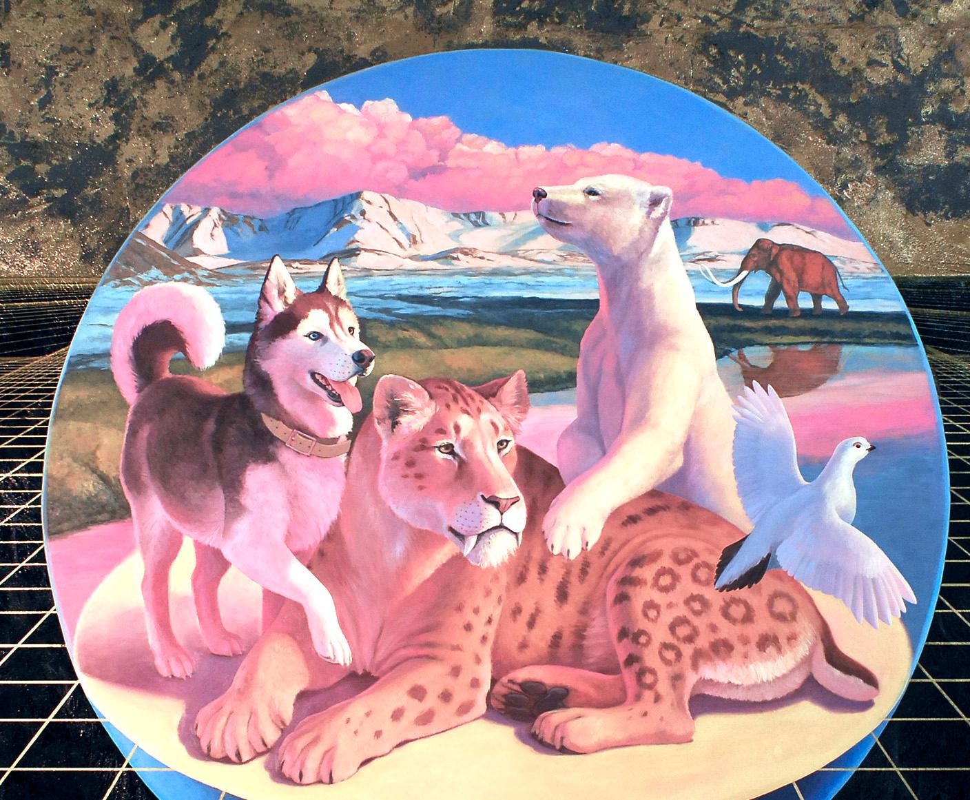 Der Permafrost, Öl und Acryl auf Tafel, figurativ, Tiere, Landschaft, surreal im Angebot 1