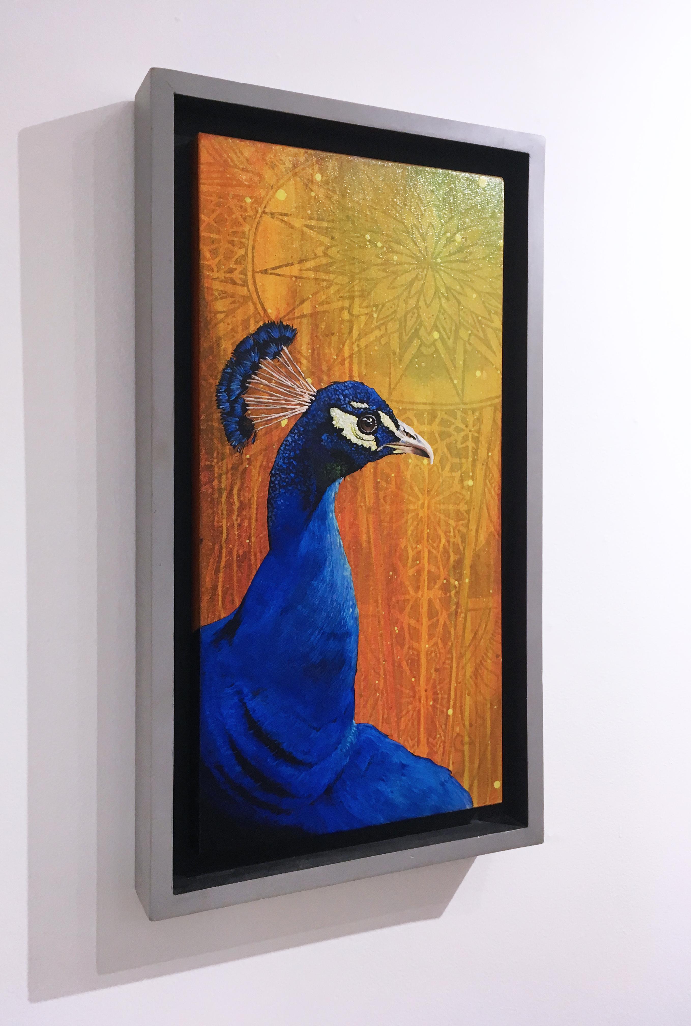 Peacock, by street art legend TDEE, custom framed, yellow, orange, blue, pattern - Contemporary Painting by Ed Morris