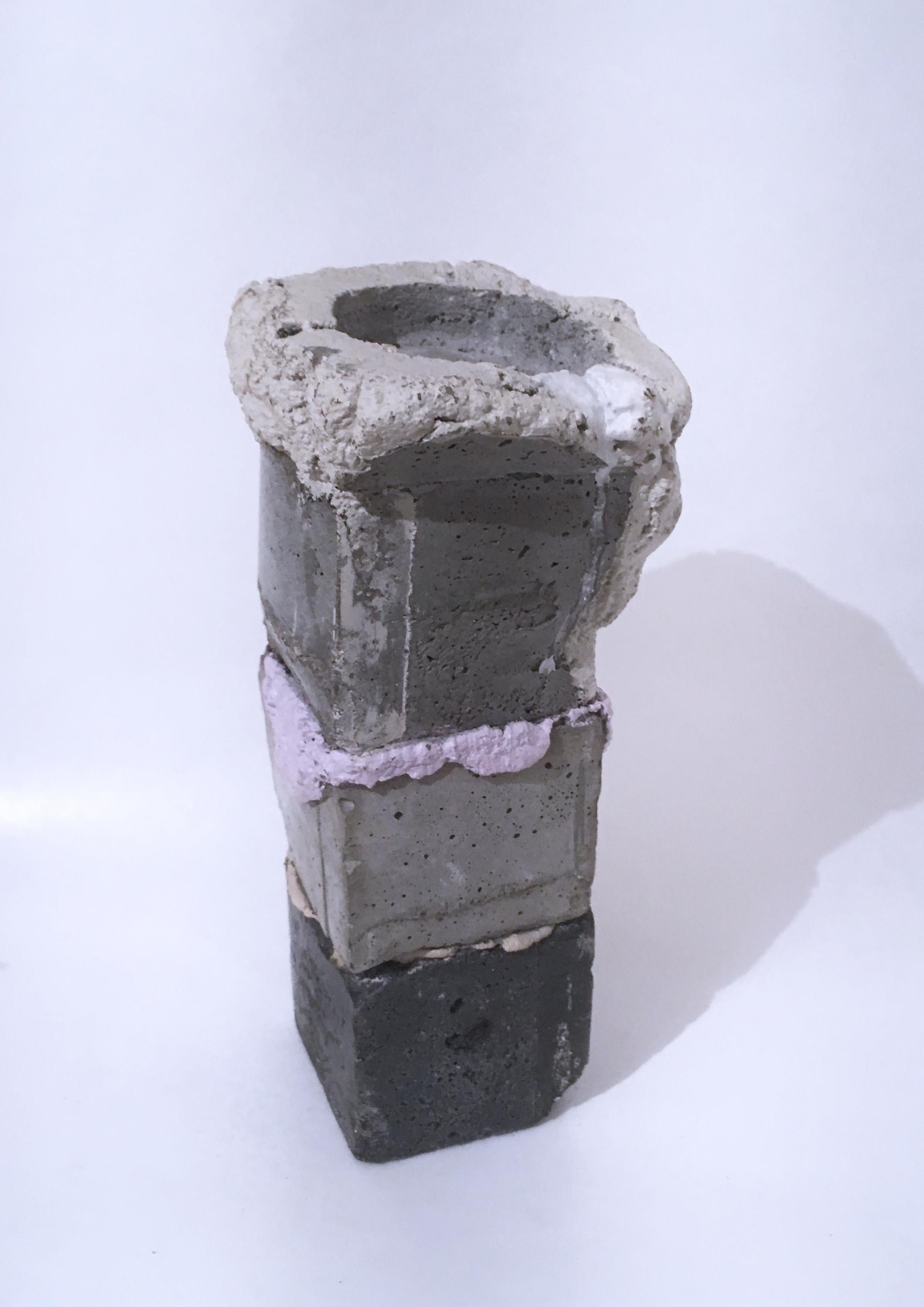 Layered Cube Votive Sculpture, pink, grey, black concrete votive candle holder - Purple Abstract Sculpture by Dena Paige Fischer