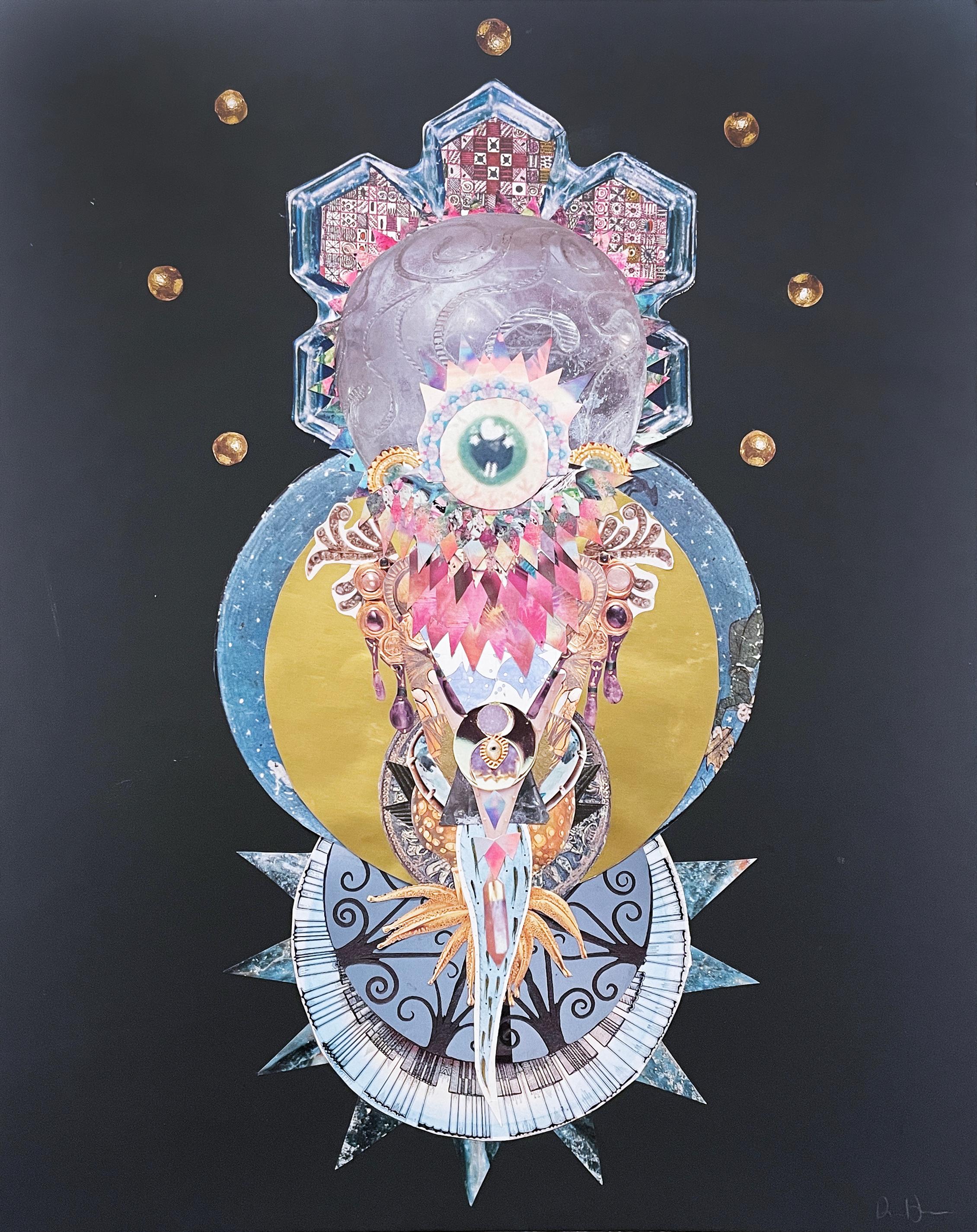The Messenger, 2022, cosmic art, surreal, abstract, collage, star, eye, gold - Contemporary Mixed Media Art by Deming King Harriman