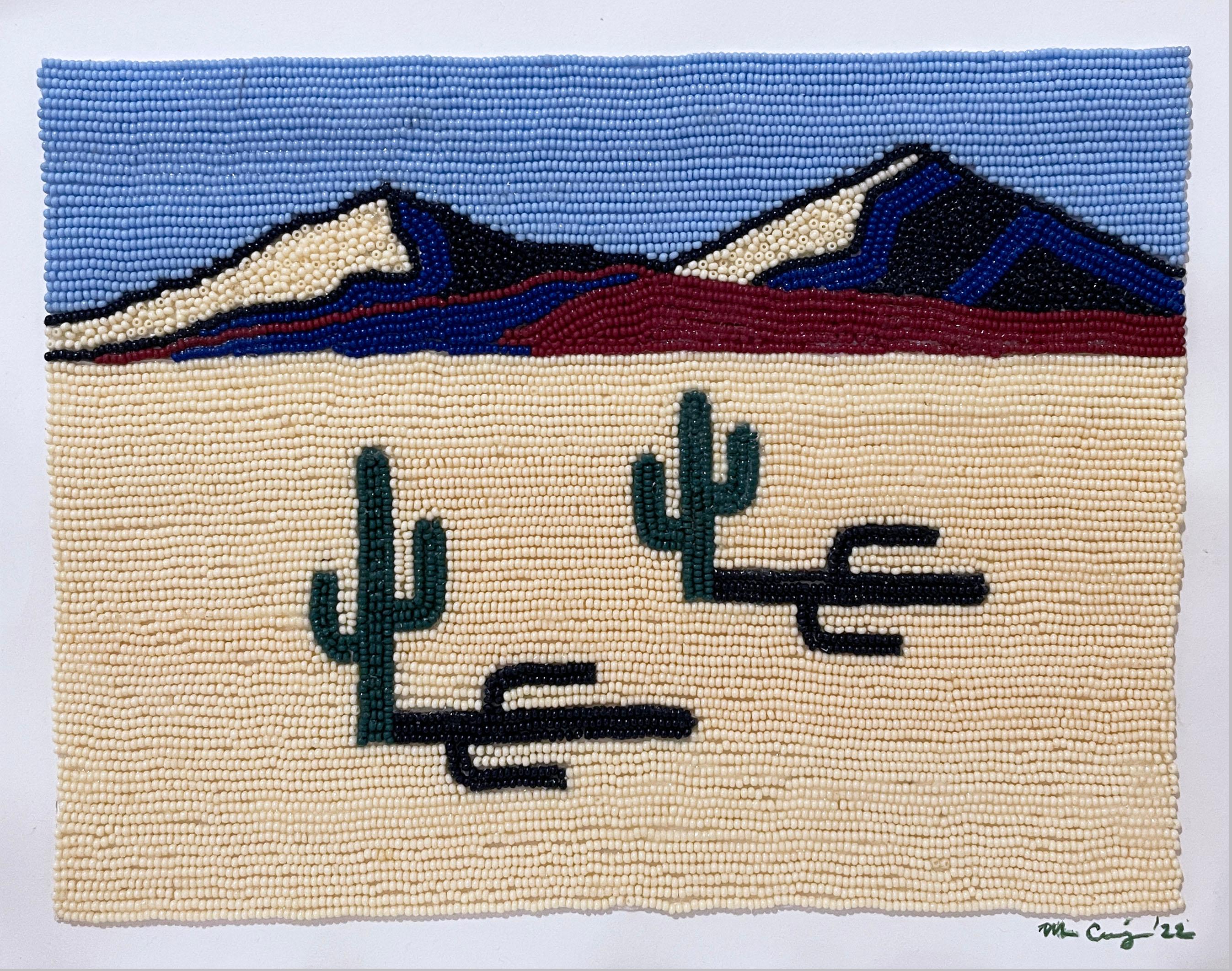 Desert Sands, 2022, beadwork on paper, bead art, landscape, cactus, cacti, sky