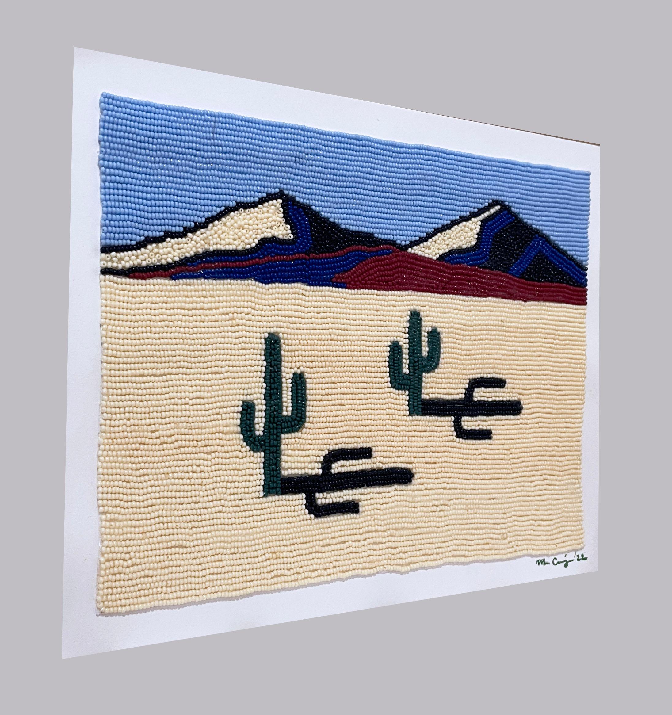 Desert Sands, 2022, beadwork on paper, bead art, landscape, cactus, cacti, sky - Contemporary Mixed Media Art by Molly Craig