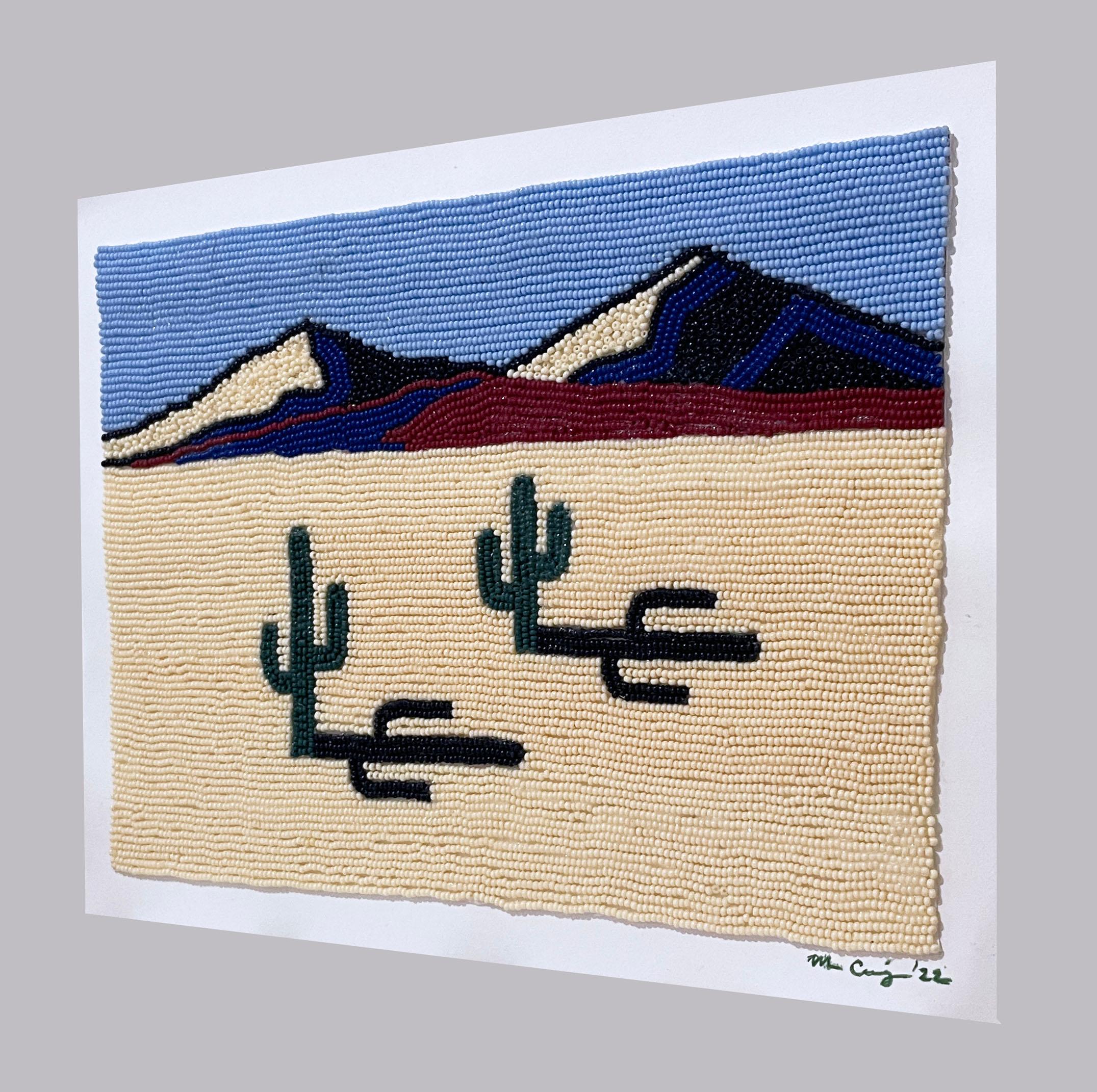 Desert Sands, 2022, beadwork on paper, bead art, landscape, cactus, cacti, sky For Sale 1