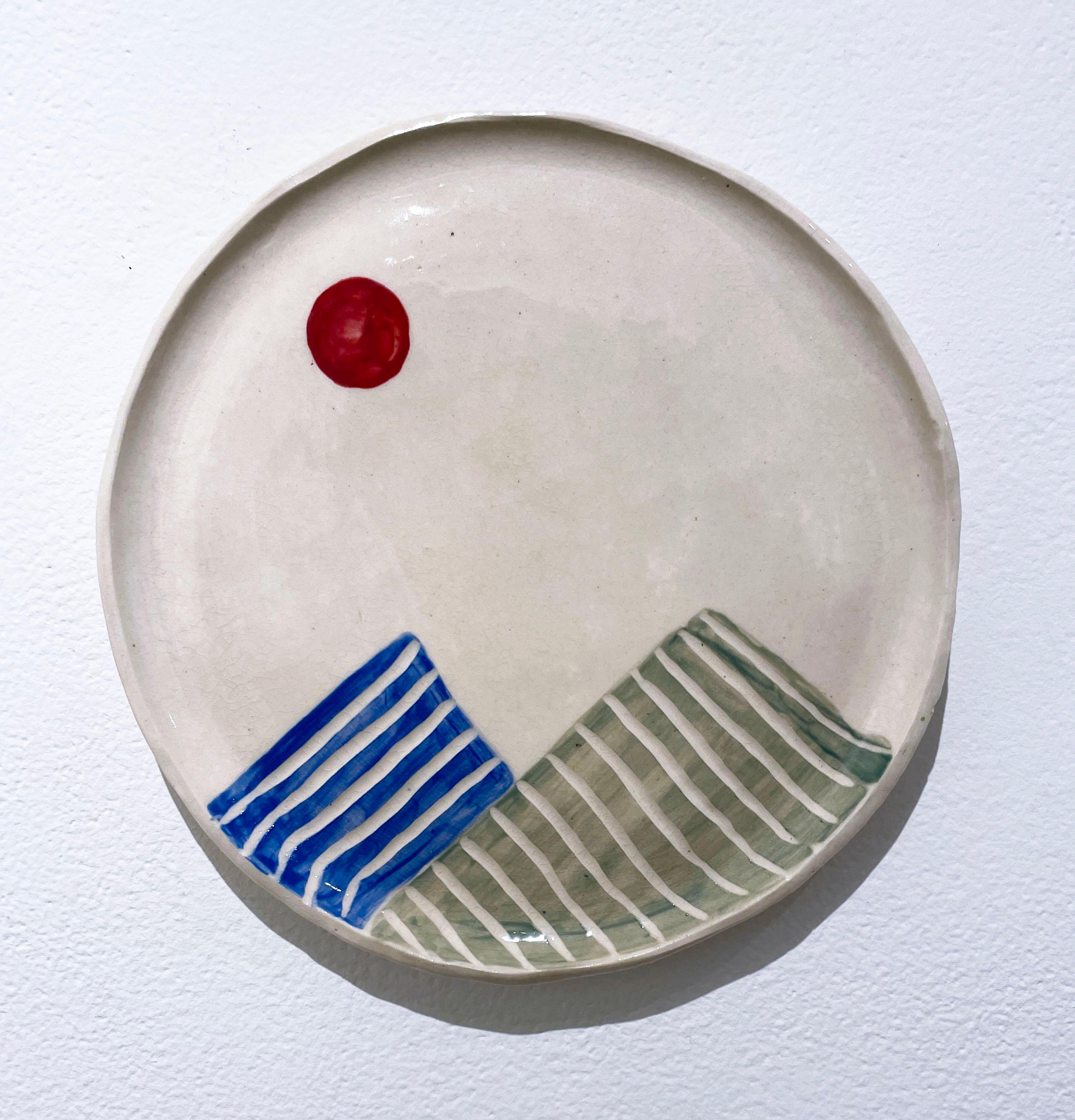 Mountain Range, 2019, glazed ceramic plate, landscape, sun, mountains, abstract landscape, red sun, blue and green mountains, stripes, earthtones

Delightful glaze work and ceramic plate by Molly Craig, 2019.  Made with glazed ceramic.  Mountain