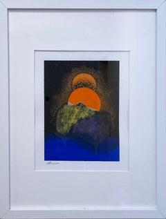 Double Suns (2021), surreal mountain landscape painting, orange, blue, yellow