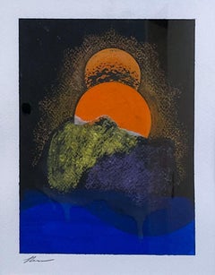 Double Suns (2021), surreal mountain landscape painting, orange, blue, yellow