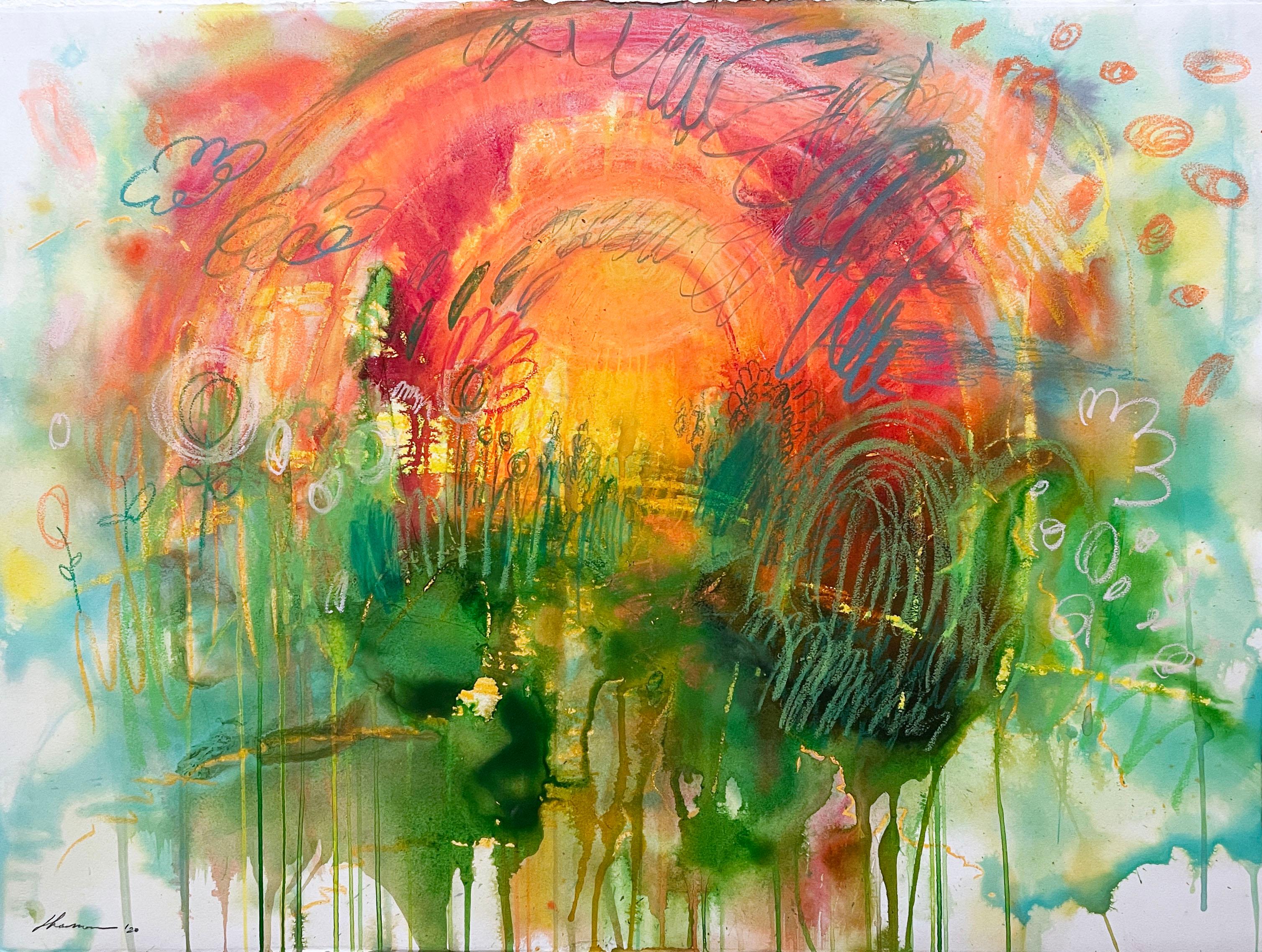 Warm & Golden (2020), surreal abstract dream-like landscape, garden, rainbow - Beige Abstract Drawing by Shamona Stokes