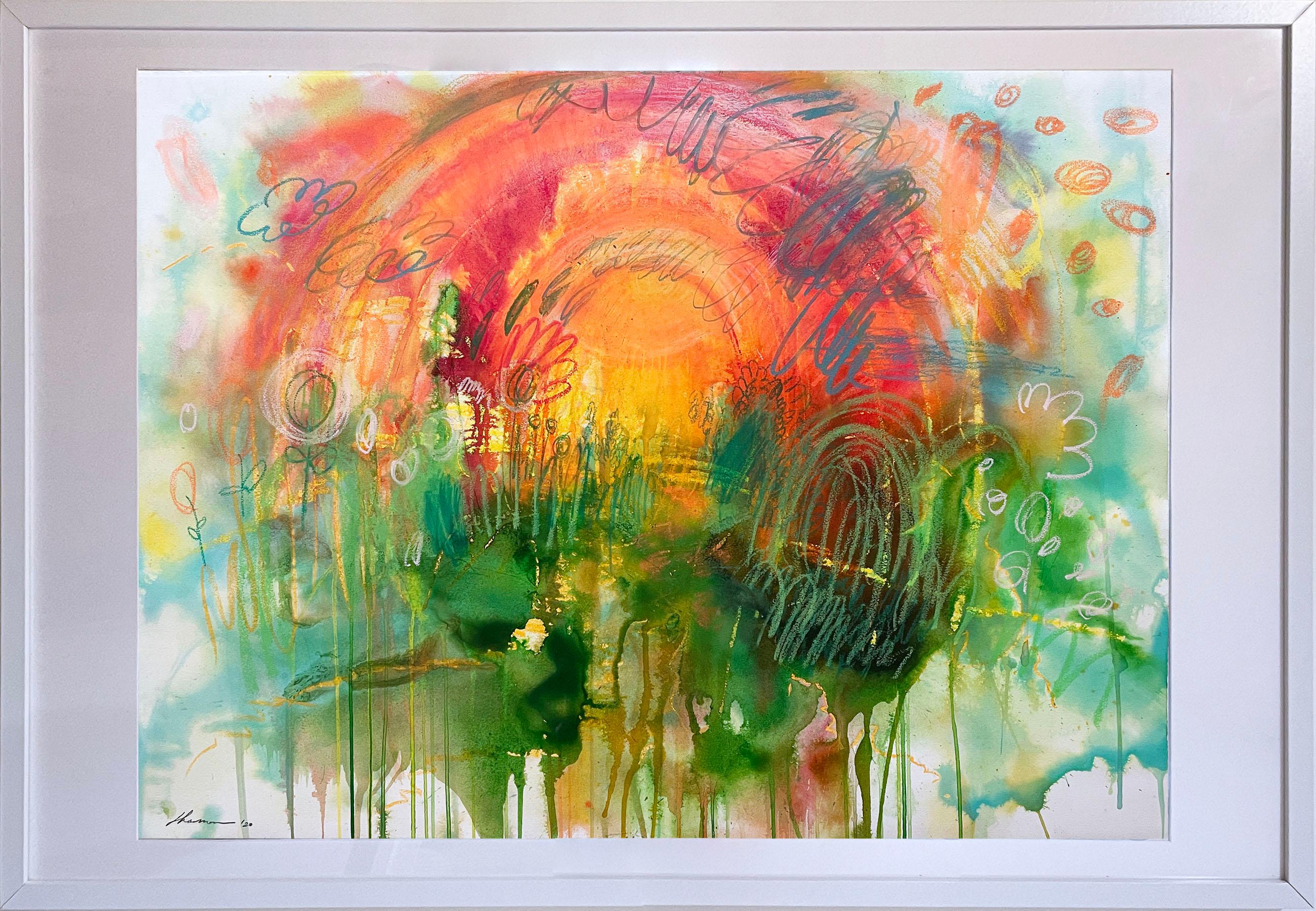 Warm & Golden (2020), paysage abstrait surréaliste ressemblant à un rêve, jardin, arc-en-ciel - Contemporain Art par Shamona Stokes