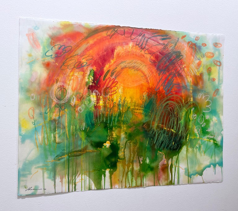 Warm & Golden (2020), surreal abstract dream-like landscape, garden, rainbow - Beige Abstract Drawing by Shamona Stokes