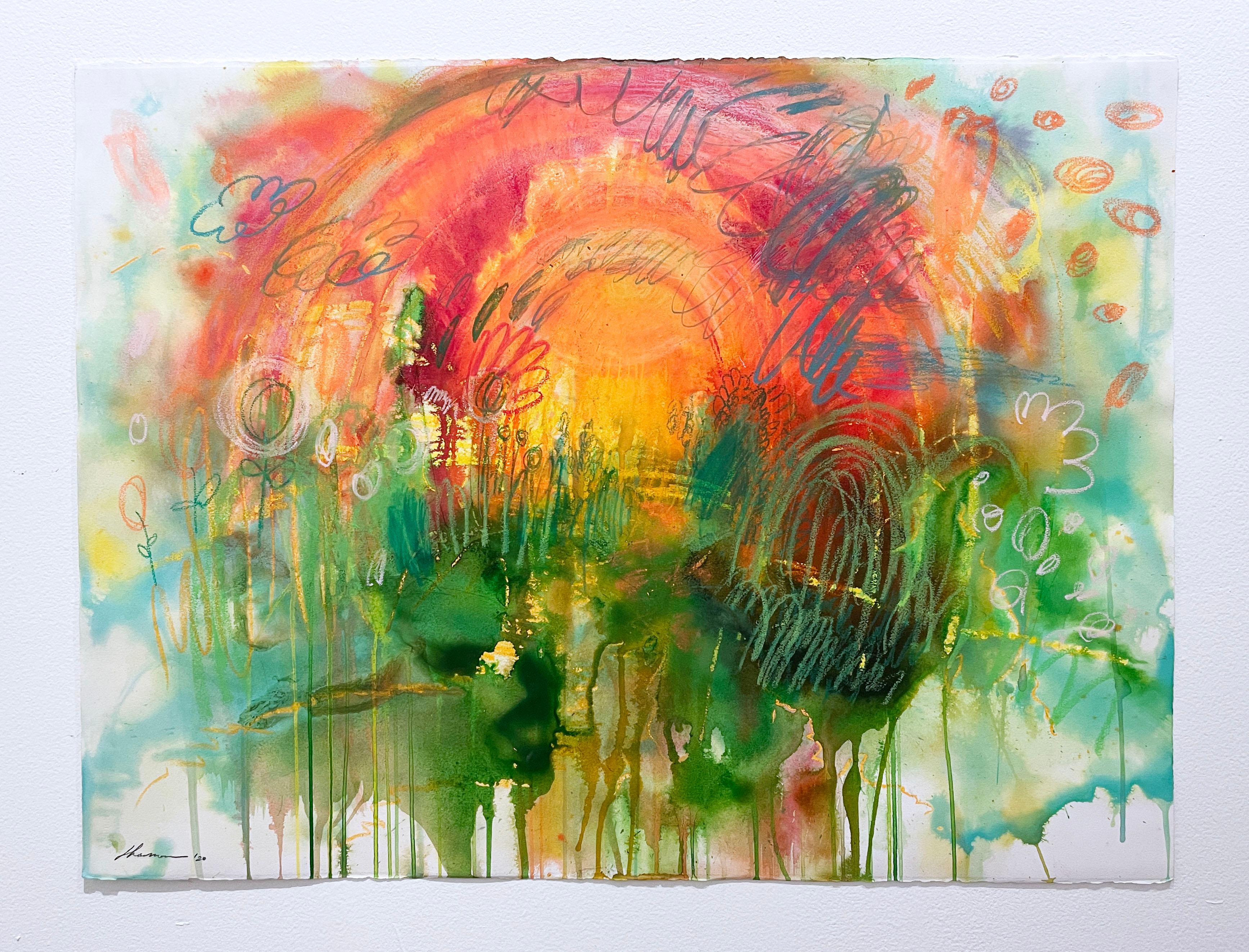 Warm & Golden (2020), surreal abstract dream-like landscape, garden, rainbow - Art by Shamona Stokes