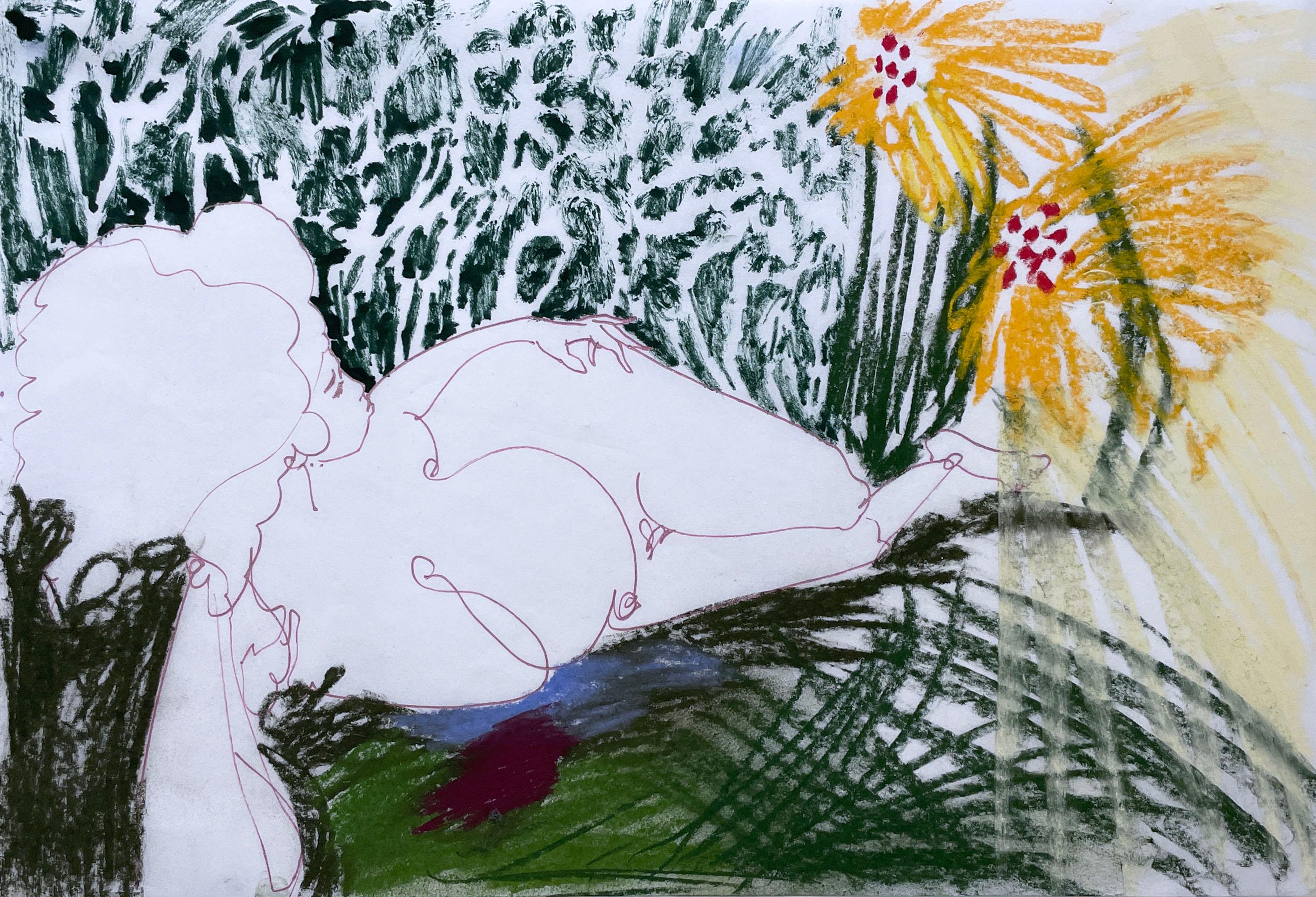 Daydreaming Spring (2022), figurative, woman, afro, curvy, figure drawing, sun - Contemporary Art by Rebecca Johnson