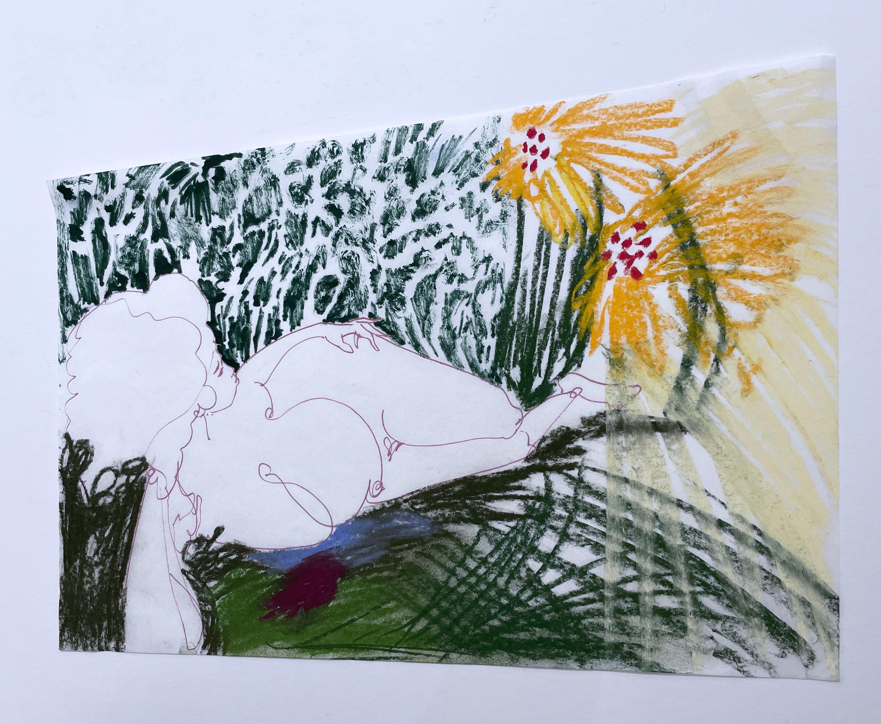 Daydreaming Spring (2022), figurative, woman, afro, curvy, figure drawing, sun - Purple Figurative Art by Rebecca Johnson