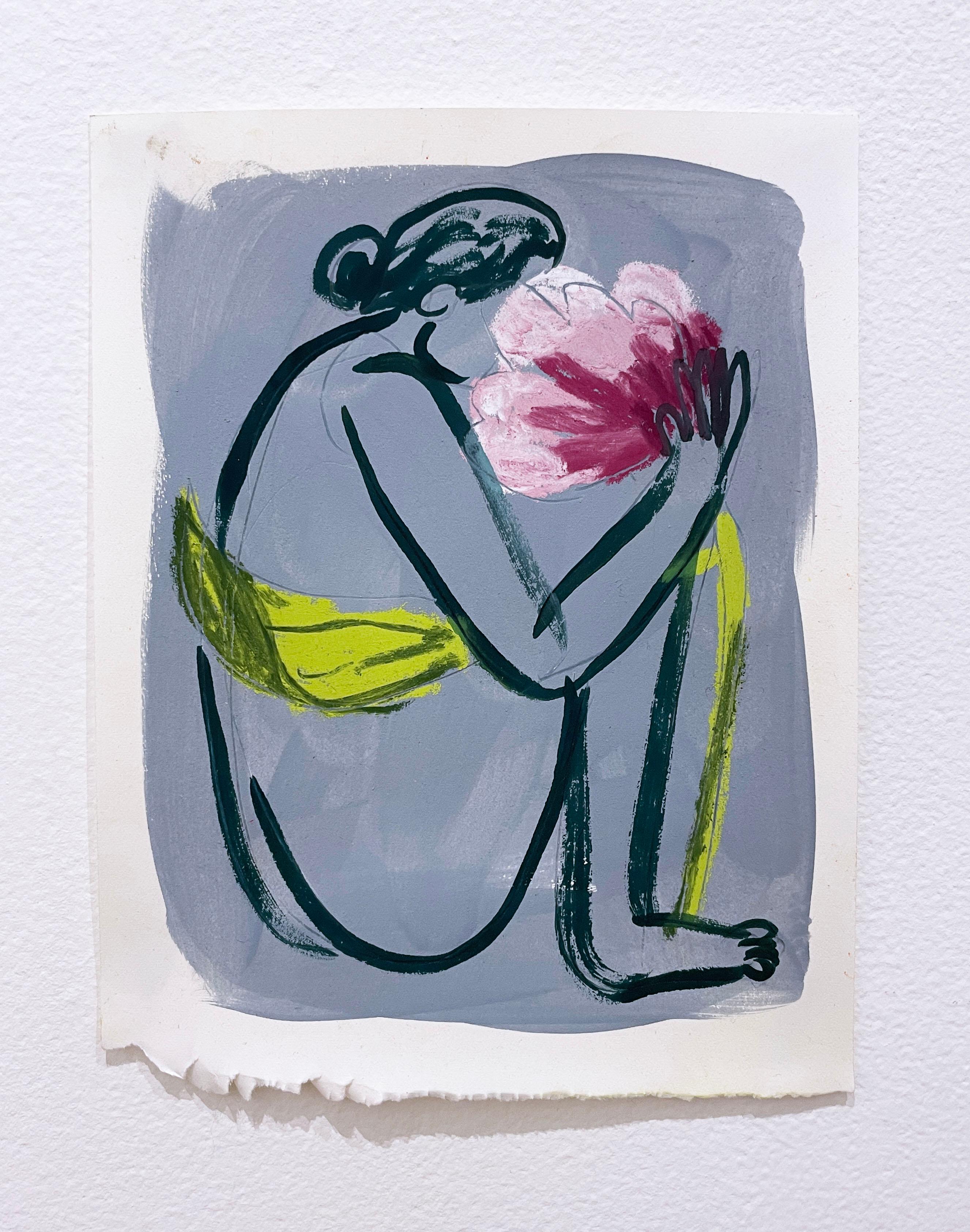 Sing It Back (2022), figuratif, femme assise, fleur, dessin de figure, ligne de contour

