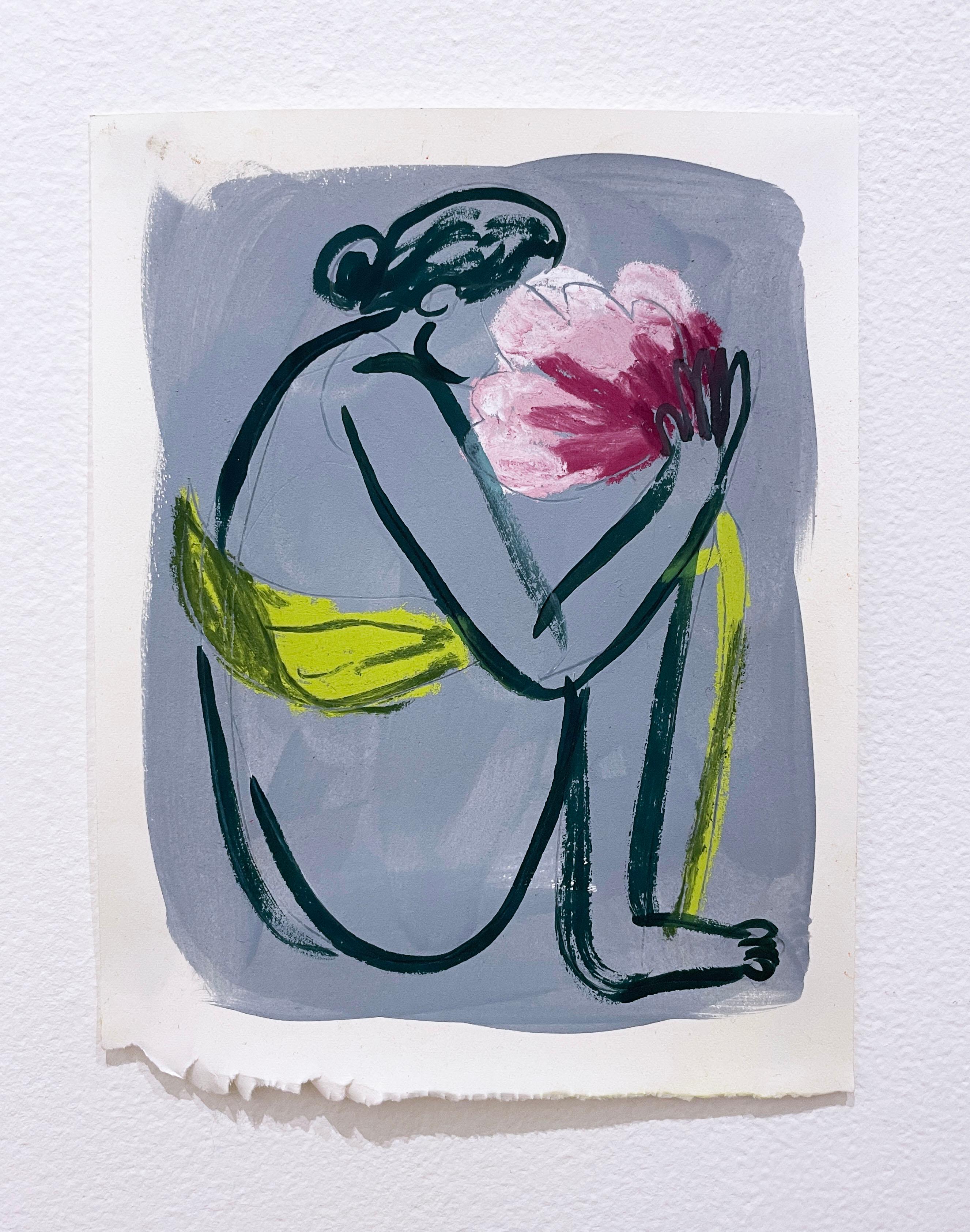 Sing It Back (2022), figurativo, donna seduta, fiore, disegno di figura, linea di contorno

