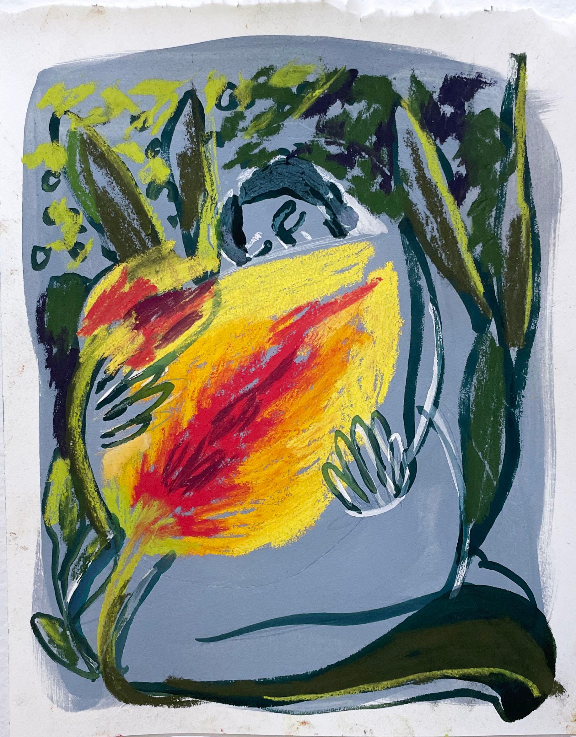 Amore perfetto (2022), figurativo, donna seduta, fiore, disegno di figura, linea di contorno, tulipano, foglia, foglie, fogliame, giardino

