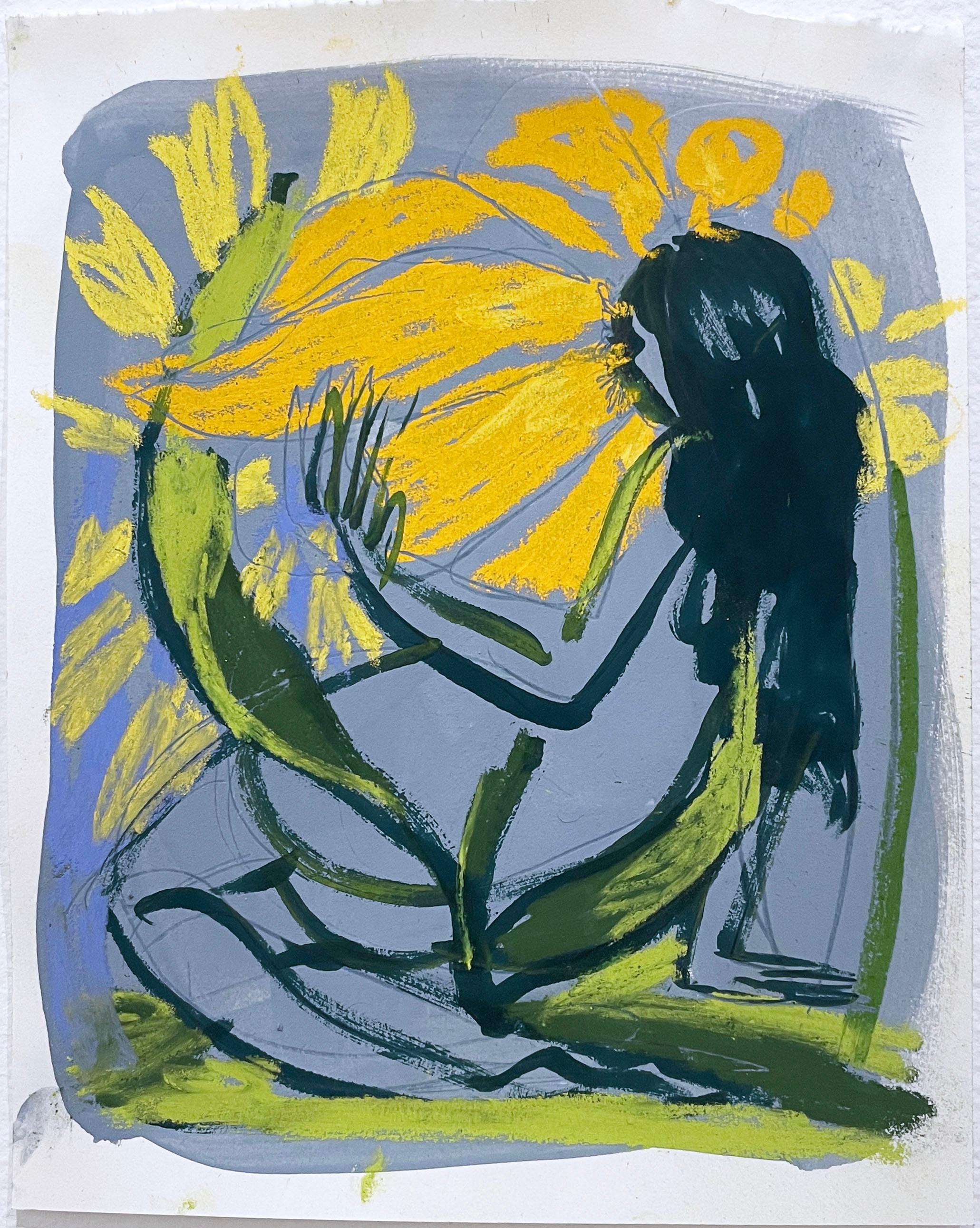 Sun Dose (2022), figurativ, sitzende Frau, kniende Figur, Akt, Blume, Figurenzeichnung, Umrisslinie, Sonnenblume, Blatt, Blätter, Laub, Garten

