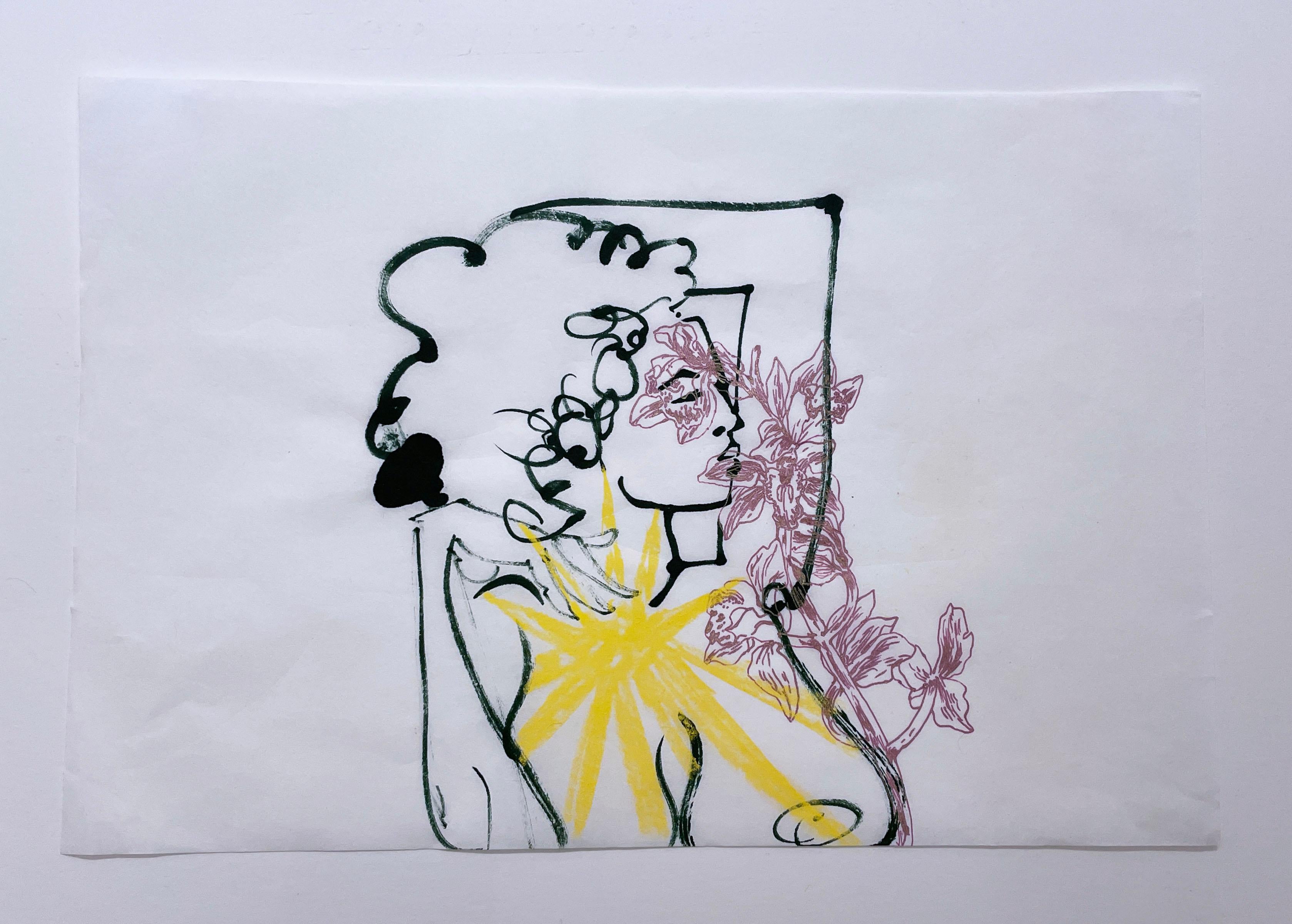 Drinking Orchids (2022), figurative, woman, nude, figure drawing, rice paper - Art by Rebecca Johnson