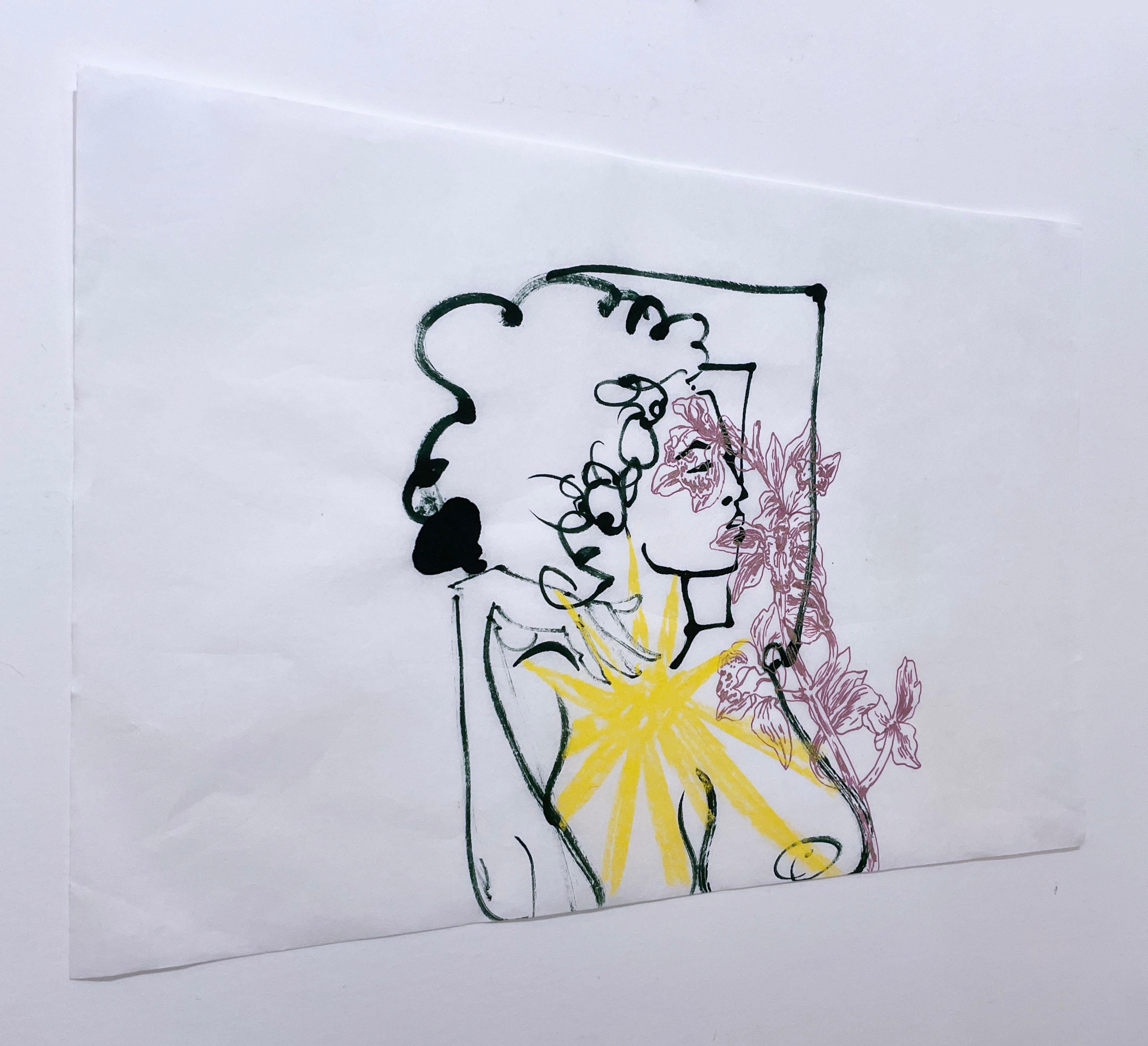 Getränke Orchideen ( 2022), figurativ, Frau, nackt, Figurenzeichnung, Reispapier (Zeitgenössisch), Art, von Rebecca Johnson