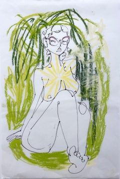 In My Garden ( 2022), figurative nackte Frau, Gläser, Figurenzeichnung, Skizze