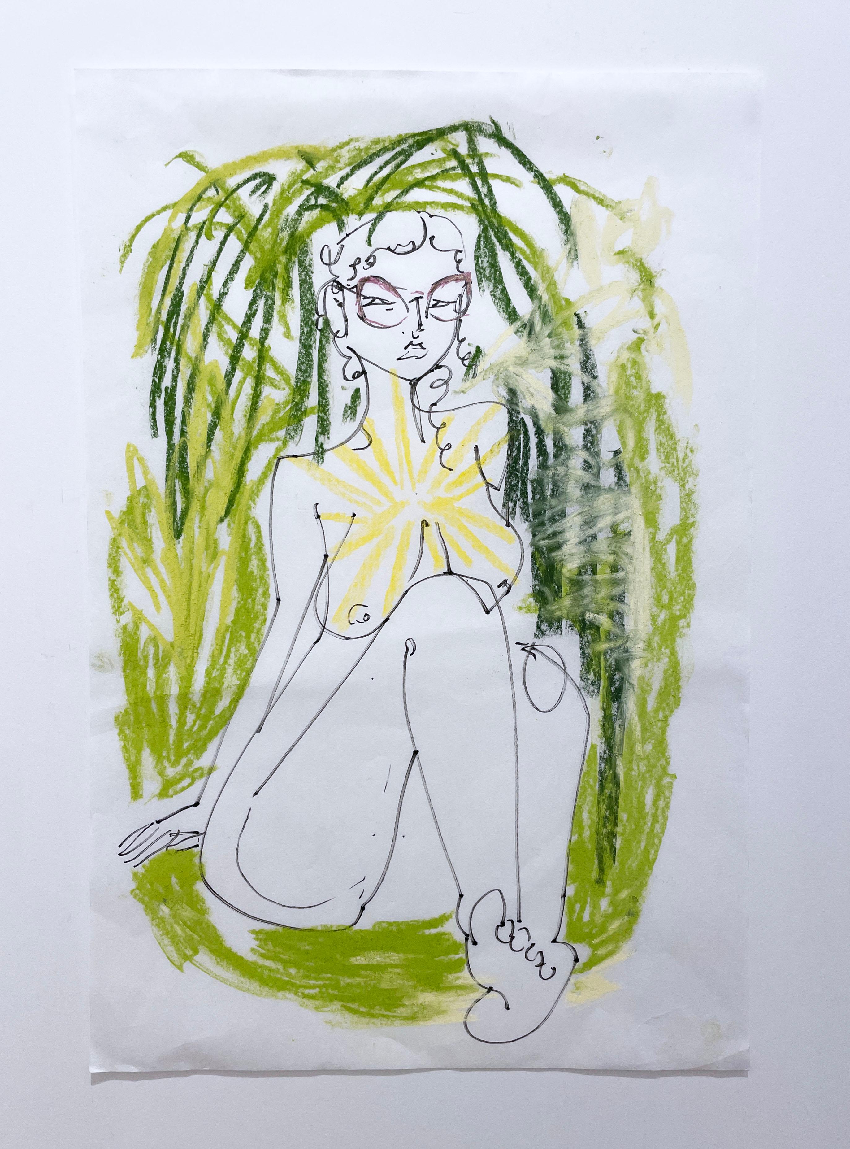 In My Garden (2022), figurative nude woman, glasses, figure drawing, sketch - Art by Rebecca Johnson