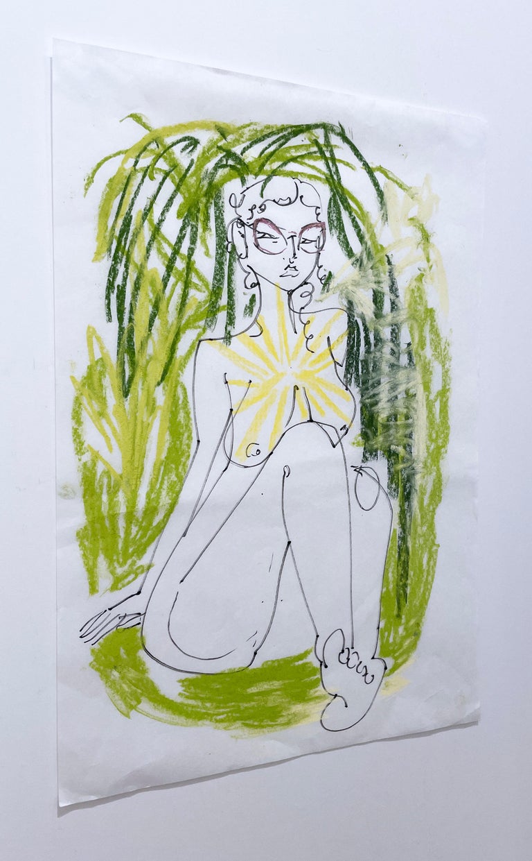 In My Garden (2022), figurative nude woman, glasses, figure drawing, sketch - Gray Figurative Art by Rebecca Johnson