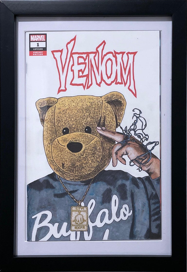"Venom (Conway the Machine)" (2021) by street artist Sean 9 Lugo
13 x 9 x .75"

Pen, acrylic and marker on blank comic book variant, framed. Artist's signature style of teddy bear head on otherwise recognizable figures. Red, white, black, gray,