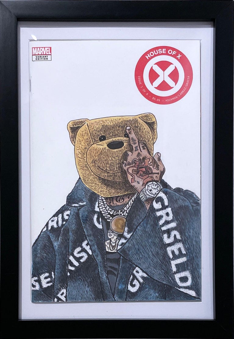 "House of X (Westside Gunn)" (2021) by street artist Sean 9 Lugo
13 x 9 x .75"

Pen, acrylic and marker on blank comic book variant, framed. Artist's signature style of teddy bear head on otherwise recognizable figures. Red, white, black, gray,
