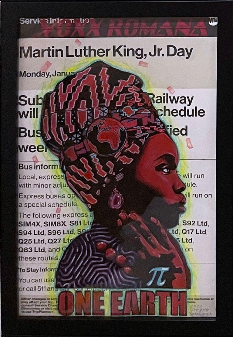 "Four Years of Frustration, Delays & Missed Appointments (One Earth)" (2022) by street artist City Kitty
18.25 x 12.25 x .75"

Ink, acrylic and color pencil on MTA poster, framed. Artist's signature graffiti style of comic relief for subway notice