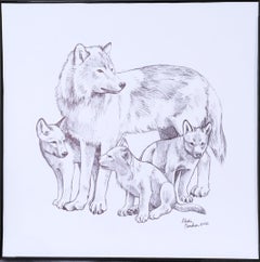 Morning Star Sketch (2020) Ink on paper, winter wildlife drawing, wolf & cubs