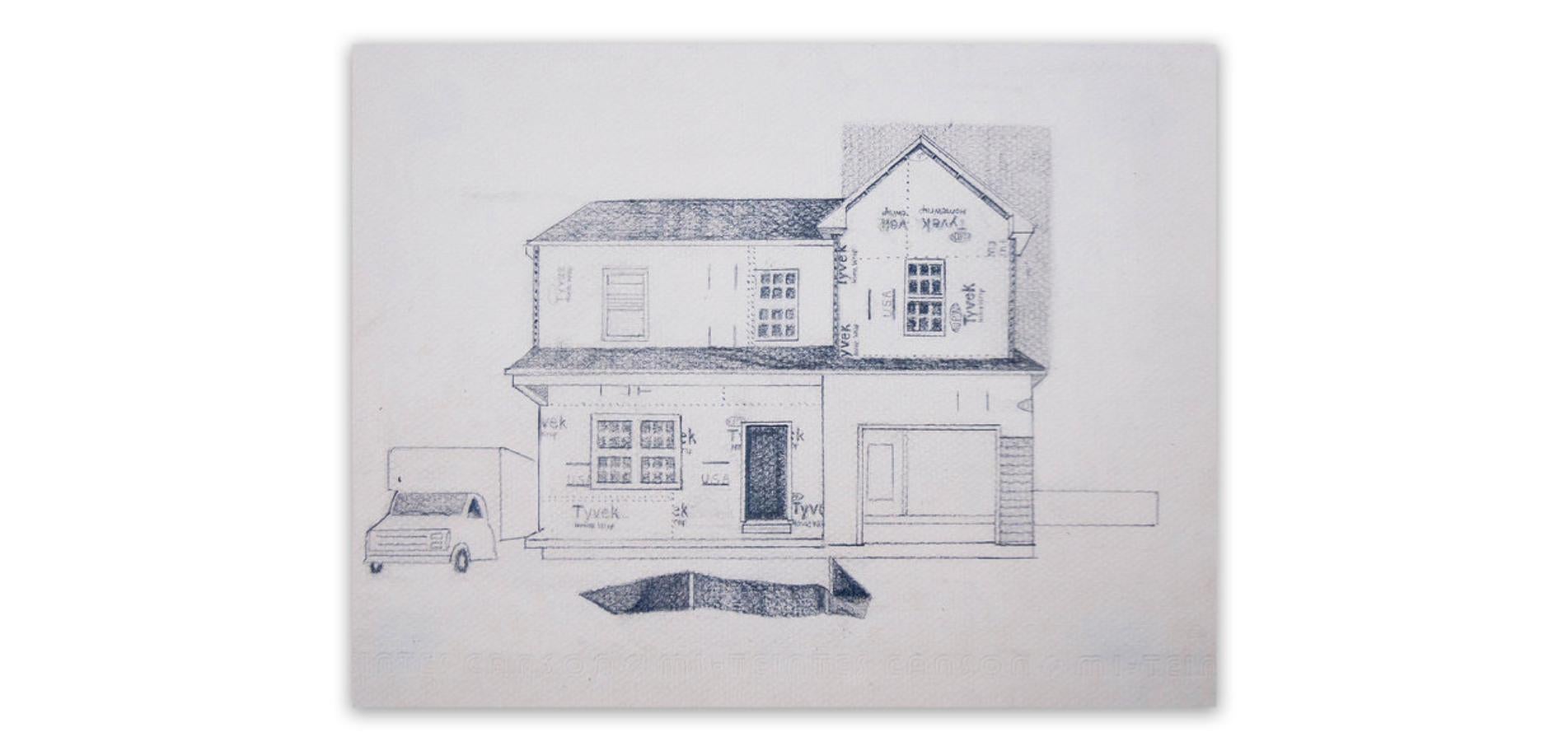 Studie für Tyvek (2019) Graphit auf Papier Zeichnung, Architektur, Lastwagen, Haus – Art von Francesca Reyes