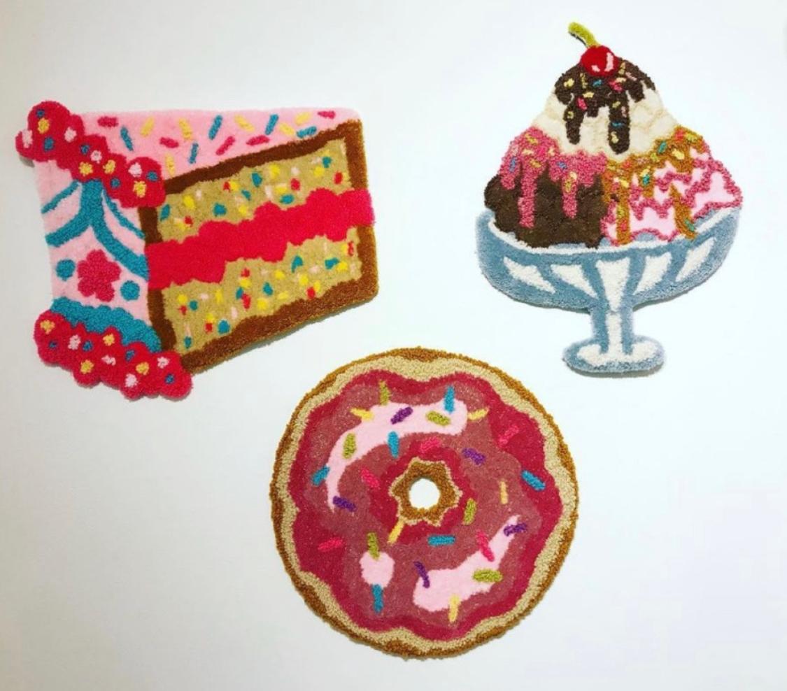 Bake Sale: Ice Cream (2023), tufted art, textile, fiber, yarn, soft sculpture, pink, teal, wall or tabletop rug

