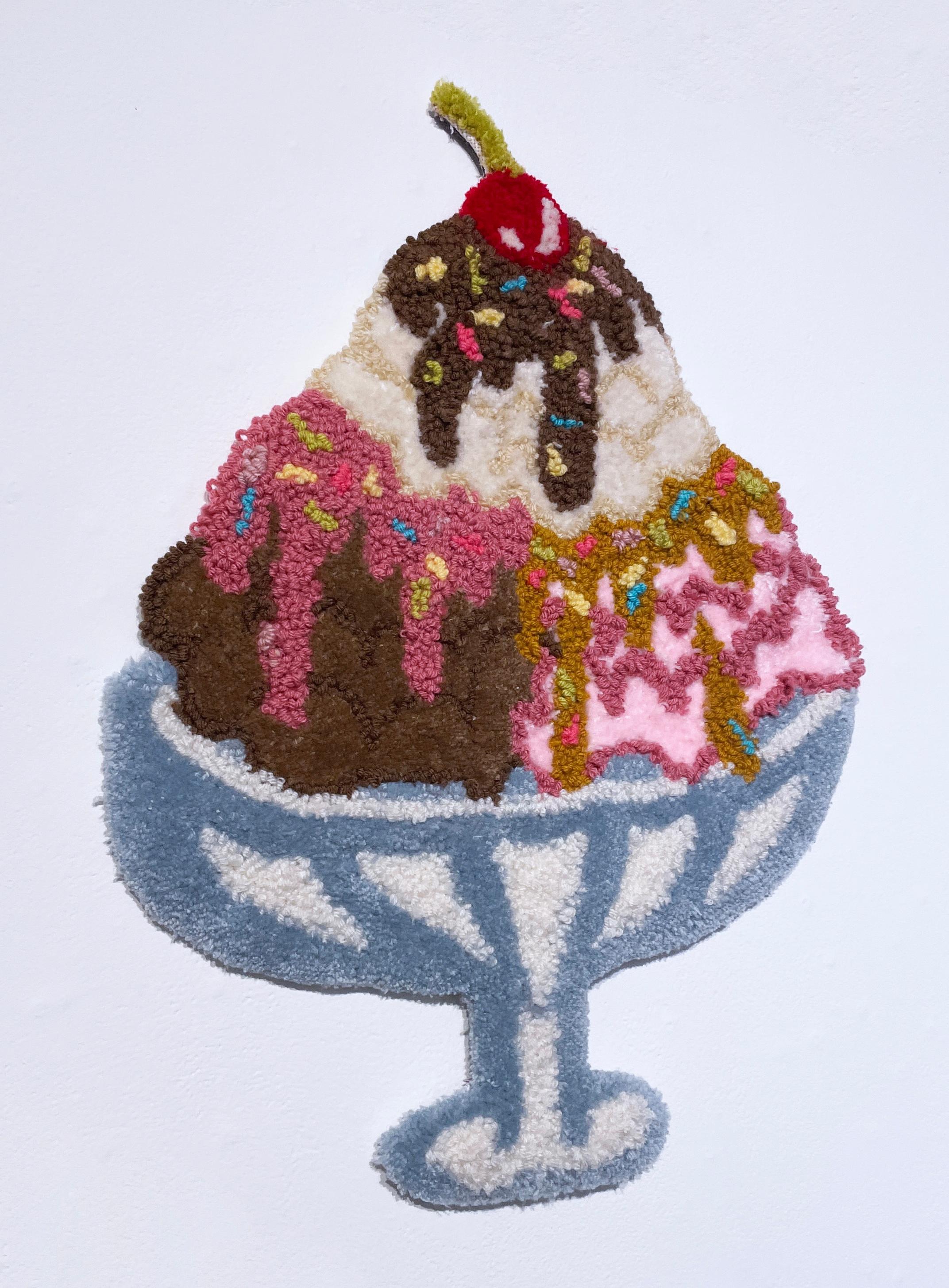 Bake Sale: Ice Cream (20232), tufted wall art, textile, fiber, yarn, pink, soft - Sculpture by SarahGrace