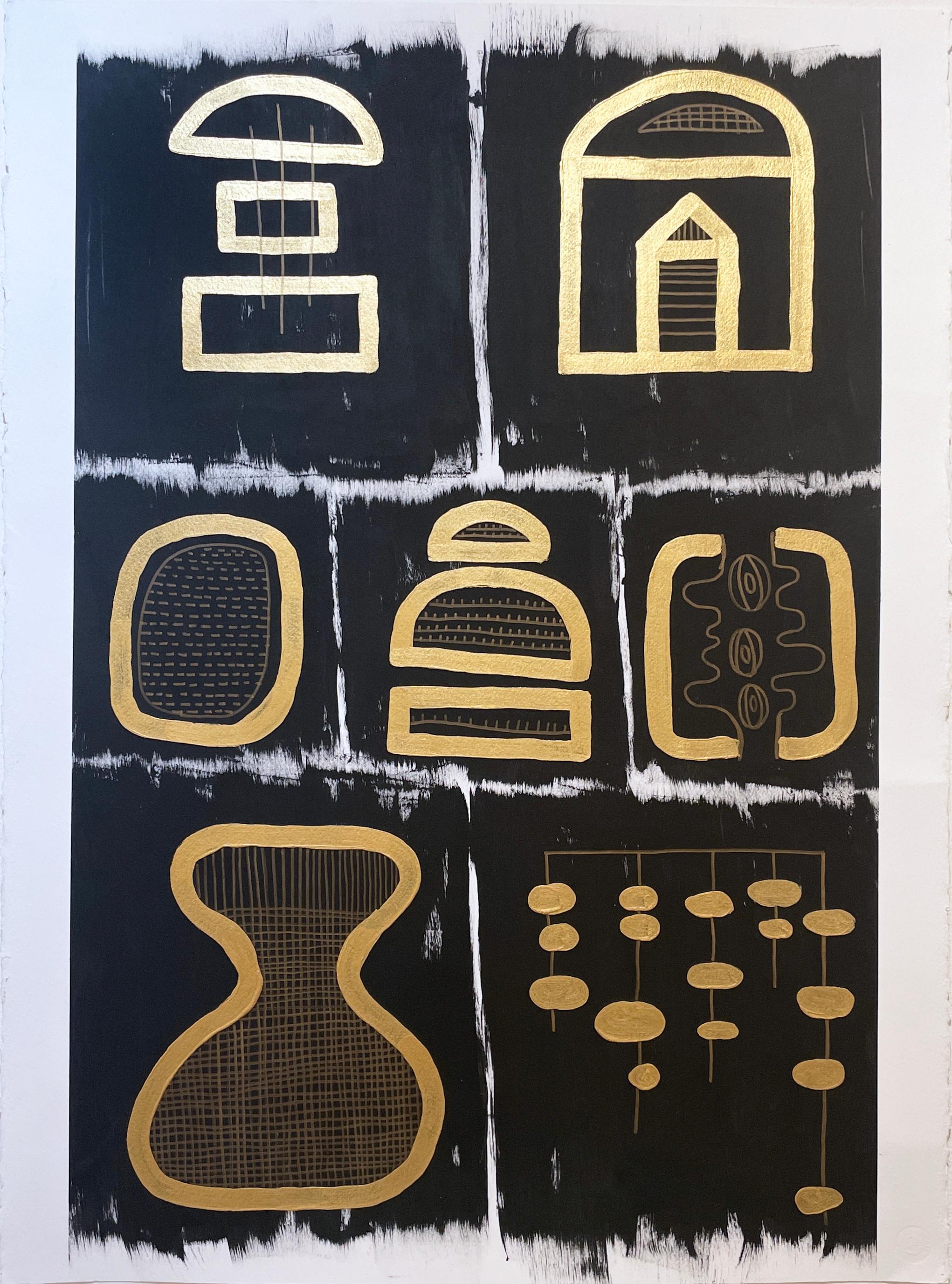 Black & Gold Glyphs I by Cheryl R. Riley, metallic abstract geometric symbols