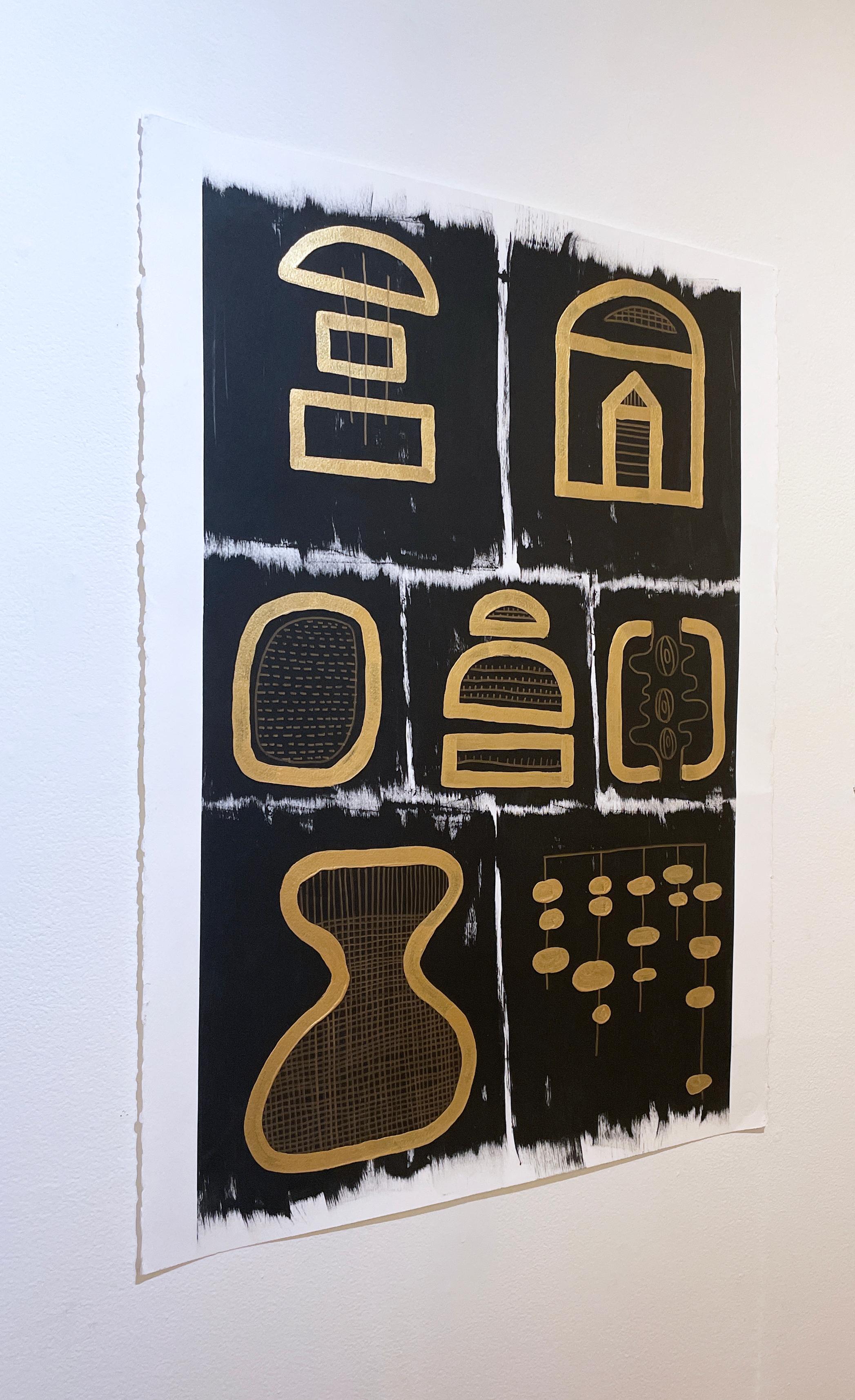 Time Travel
Black & Gold Glyphs I by Cheryl R. Riley
Metallic abstract geometric symbols
Gouache and metallic ink on 140# cold press watercolor paper

Feminist Art and Contemporary Feminist / Geometric Abstraction / Gestural Abstraction / Abstract