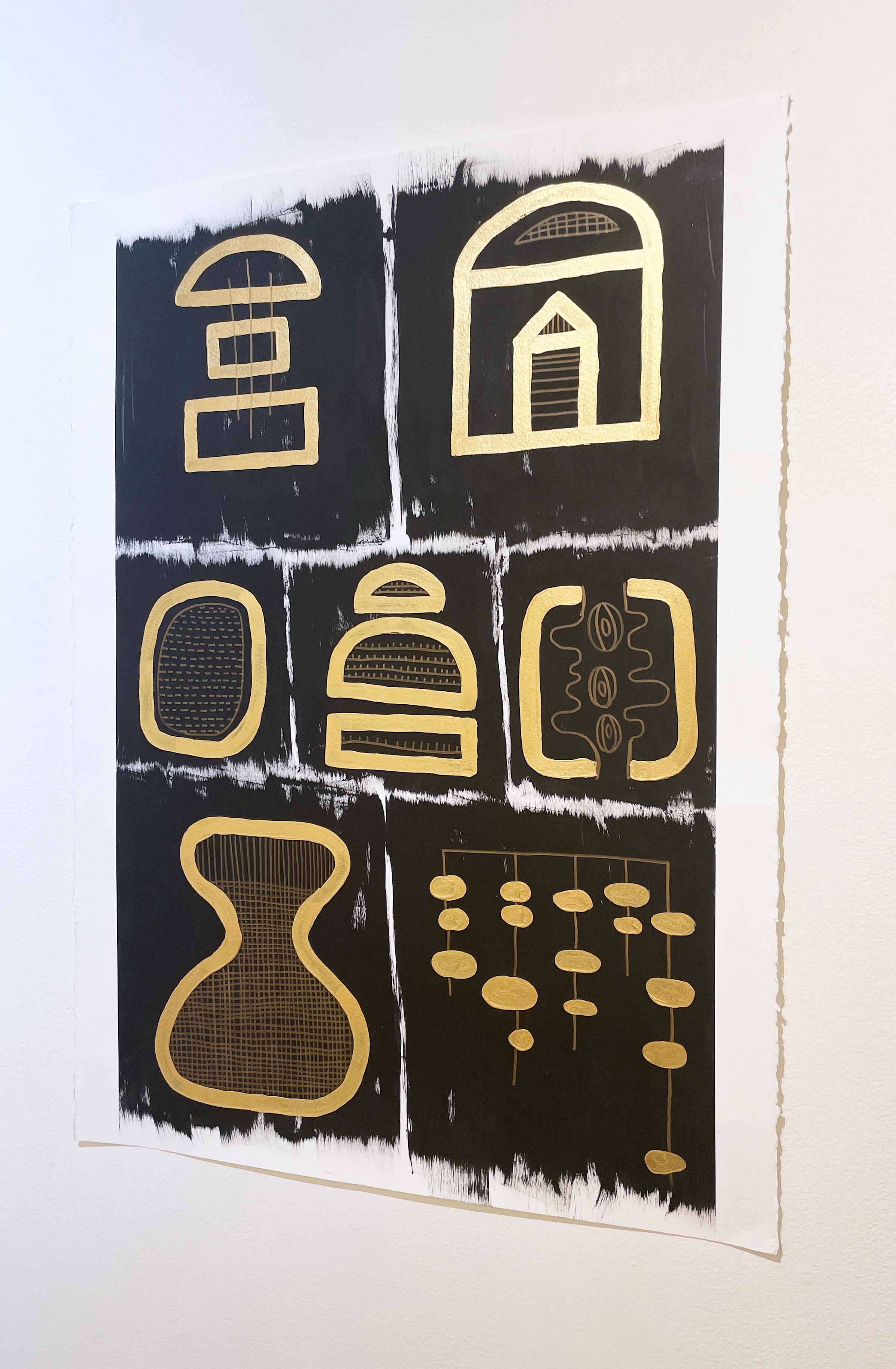 Black & Gold Glyphs I by Cheryl R. Riley, metallic abstract geometric symbols For Sale 1