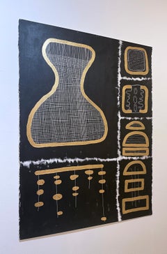 Black & Gold Glyphs II by Cheryl R. Riley, metallic abstract geometric symbols