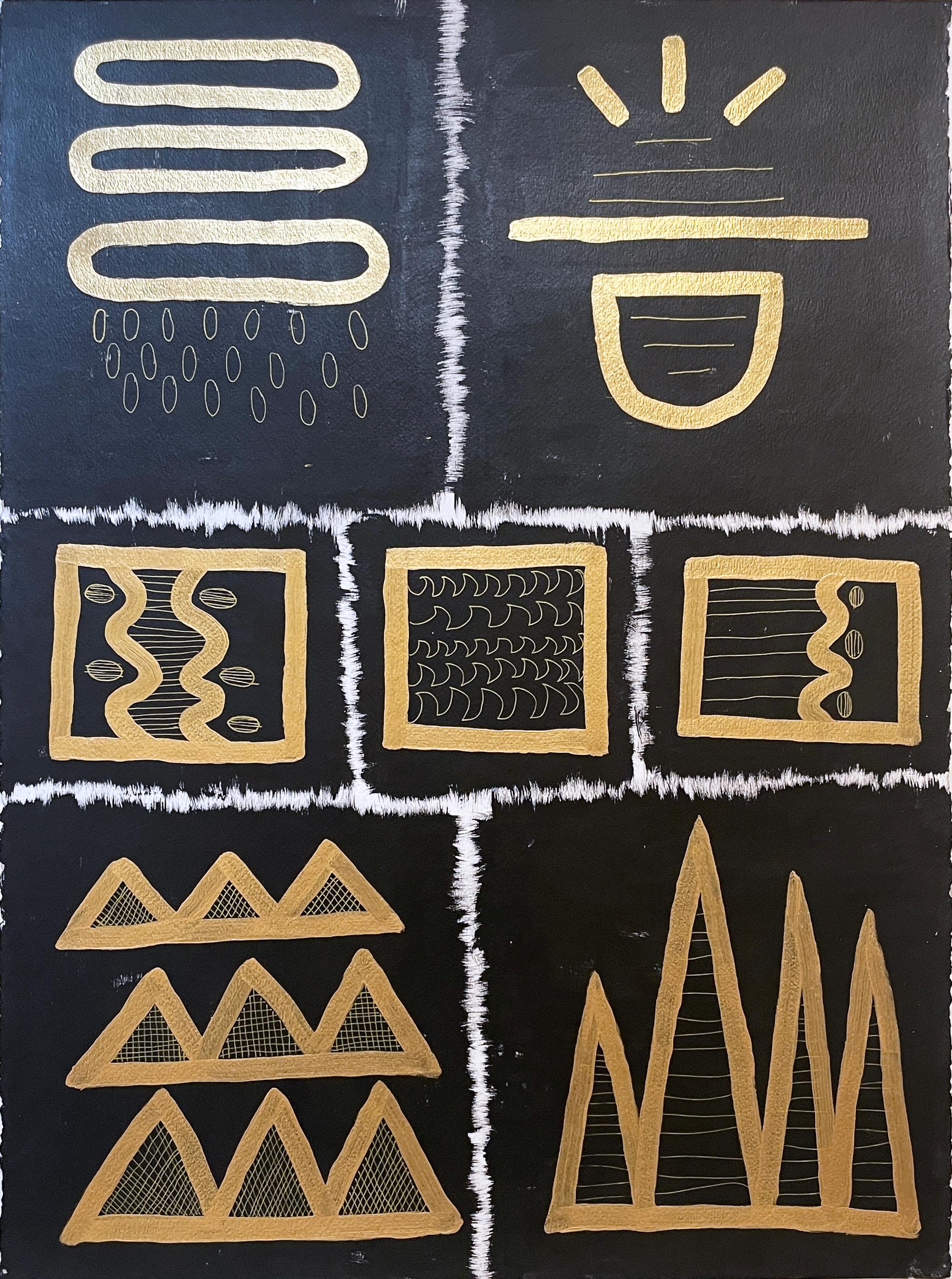 Black & Gold Glyphs III by Cheryl R. Riley, metallic abstract geometric symbols