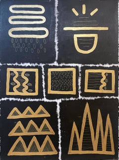 Black & Gold Glyphs III by Cheryl R. Riley, metallic abstract geometric symbols