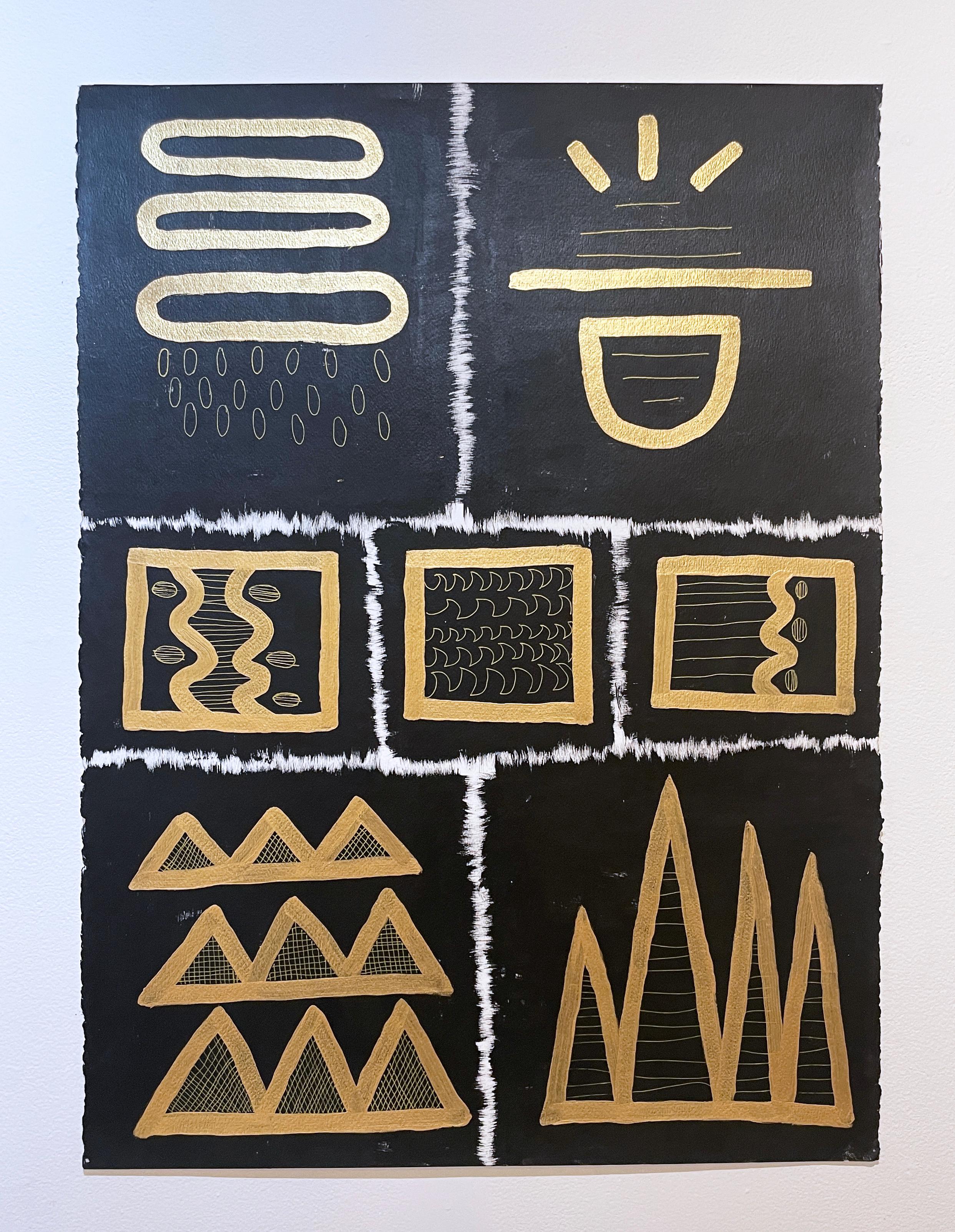 Black & Gold Glyphs III by Cheryl R. Riley, metallic abstract geometric symbols For Sale 3